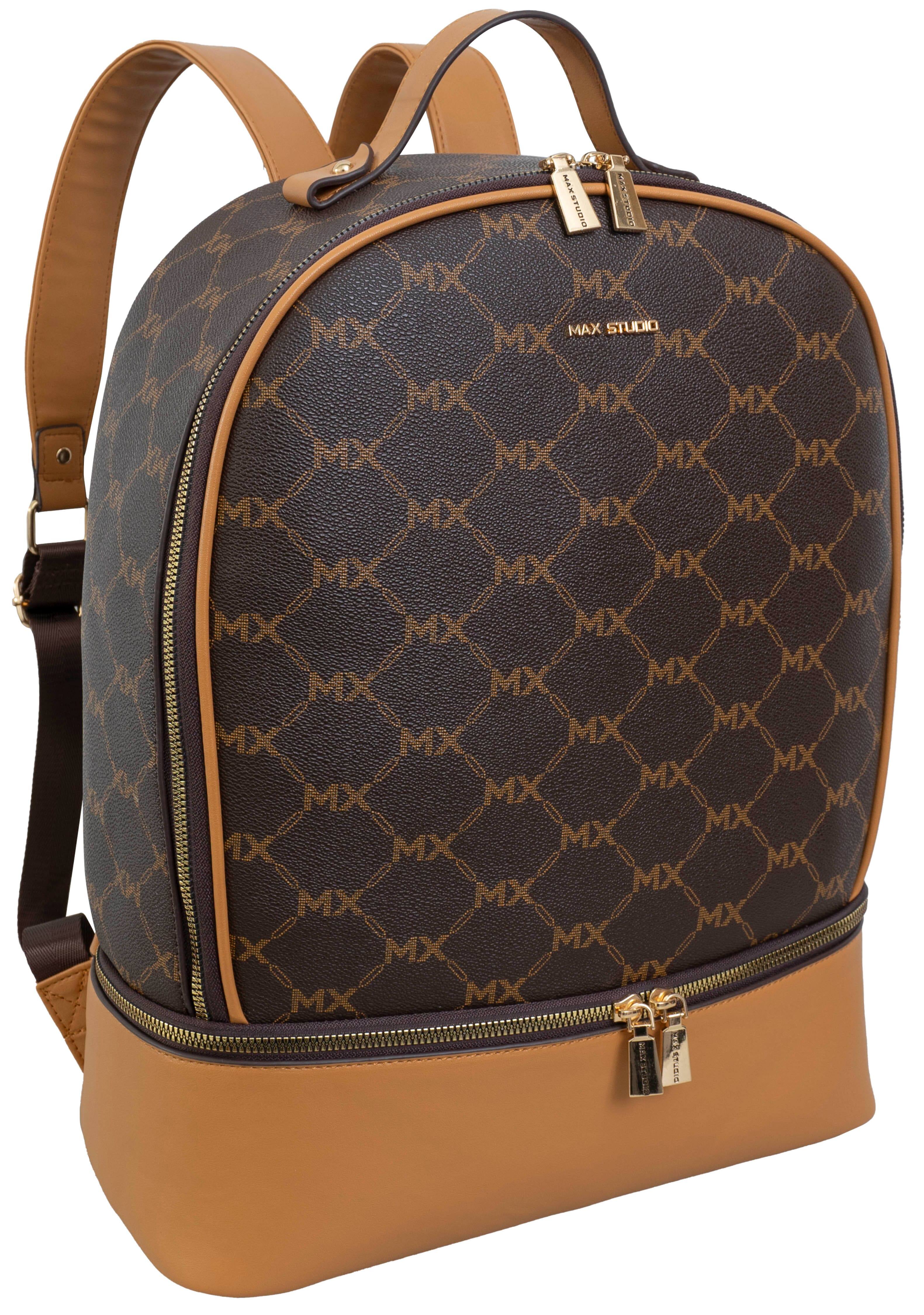 Max Studio - 17 Inch Pebble Grain Signature Print Backpack with Drop Bottom Compartment - Chocolate Brown/Tan