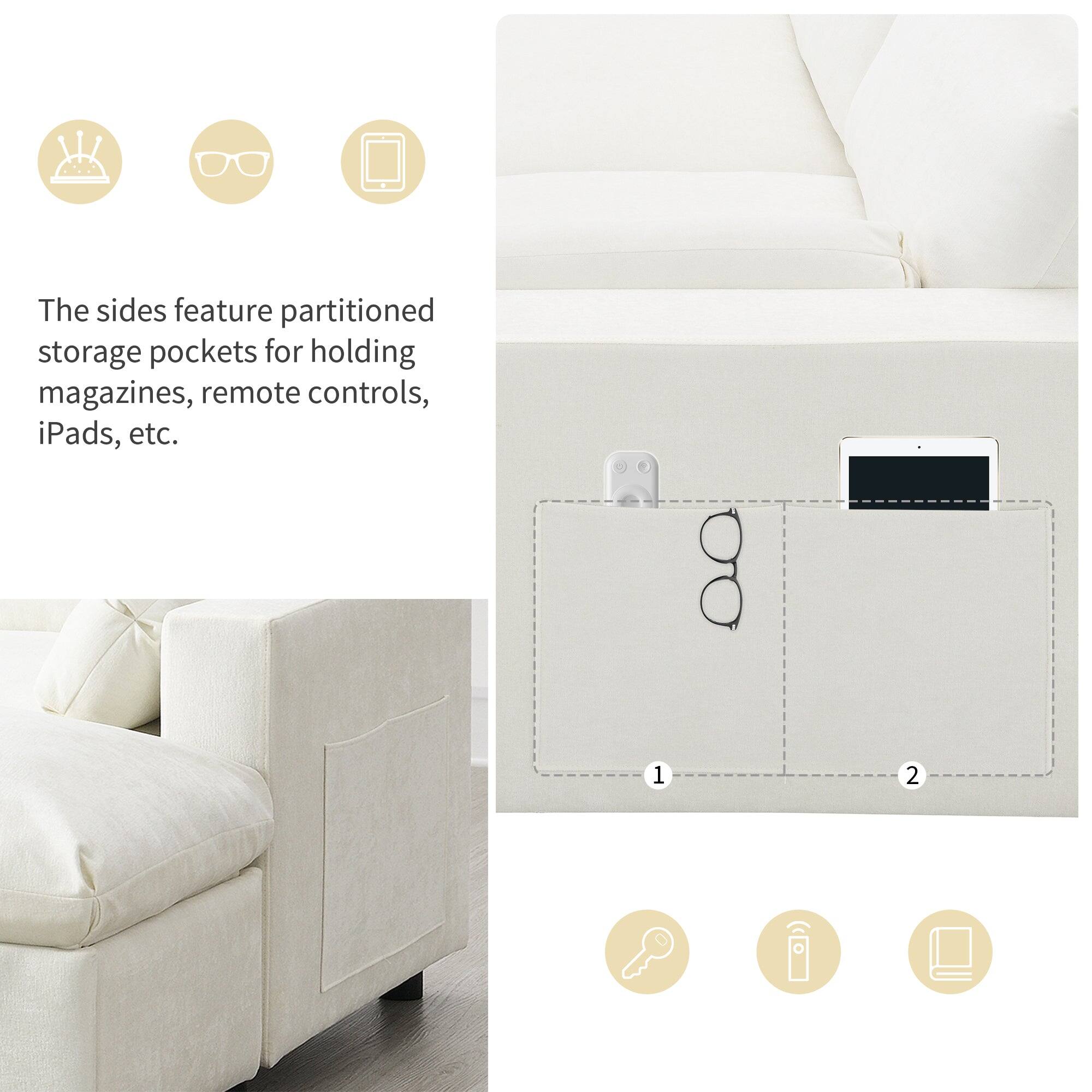 The sides feature partitioned storage pockets for holding magazines, remote controls, iPads, etc.