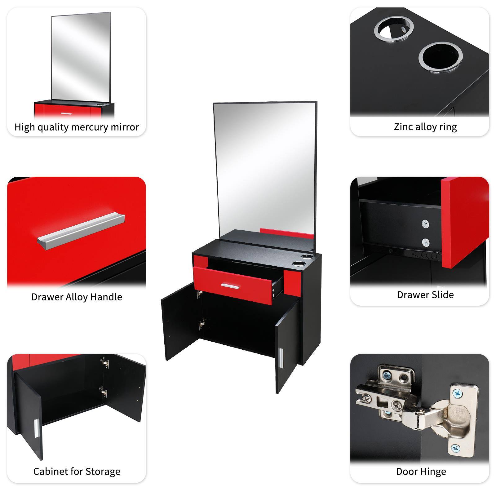 - High quality mercury mirror
- Zinc alloy ring
- Drawer Alloy Handle
- Drawer Slide
- Cabinet for Storage
- Door Hinge