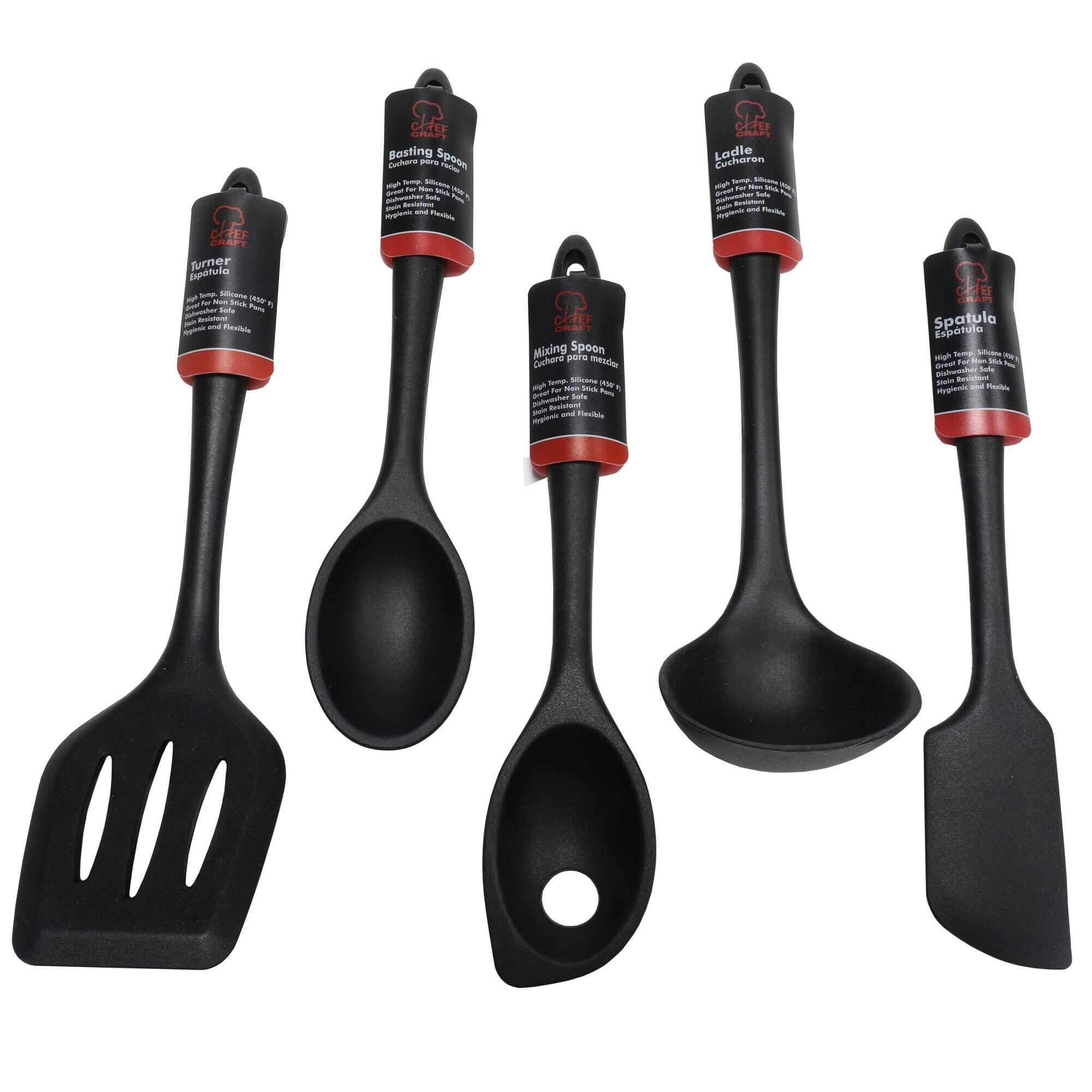 Sure, here is the corrected and grouped text from the image:

---

**Chef Craft**

- **Turner**
  - **Espátula**
  - High Temp. Silicone
  - Heat Resistant
  - Flexible and Durable
  - Easy to Clean
  - Safe for Non-Stick Cookware

- **Basting Spoon**
  - **Cuchara para Basting**
  - High Temp. Silicone
  - Heat Resistant
  - Flexible and Durable
  - Easy to Clean
  - Safe for Non-Stick Cookware

- **Mixing Spoon**
  - **Cuchara para Mezclar**
  - High Temp. Silicone
  - Heat Resistant
  - Flexible and Durable
  - Easy to Clean
  - Safe for Non-Stick Cookware

- **Ladle**
  - **Cucharon**
  - High Temp. Silicone
  - Heat Resistant
  - Flexible and Durable
  - Easy to Clean
  - Safe for Non-Stick Cookware

- **Spatula**
  - **Espátula**
  - High Temp. Silicone
  - Heat Resistant
  - Flexible and Durable
  - Easy to