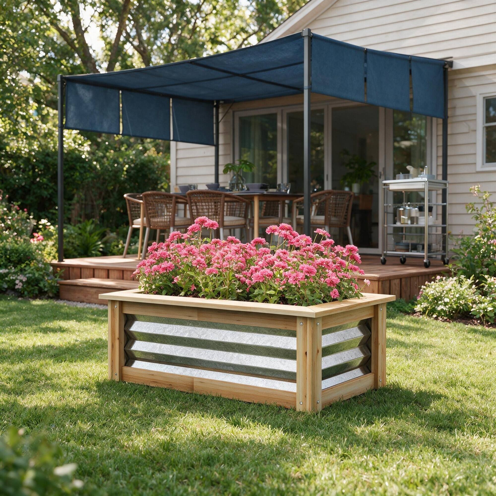 Alt View 2. RYHNUYNE - Outsunny Raised Garden Bed Kit Galvanized Metal Planter Box with Wood Frame, 22 Gallon Outdoor Stock Tank - Multicolor.