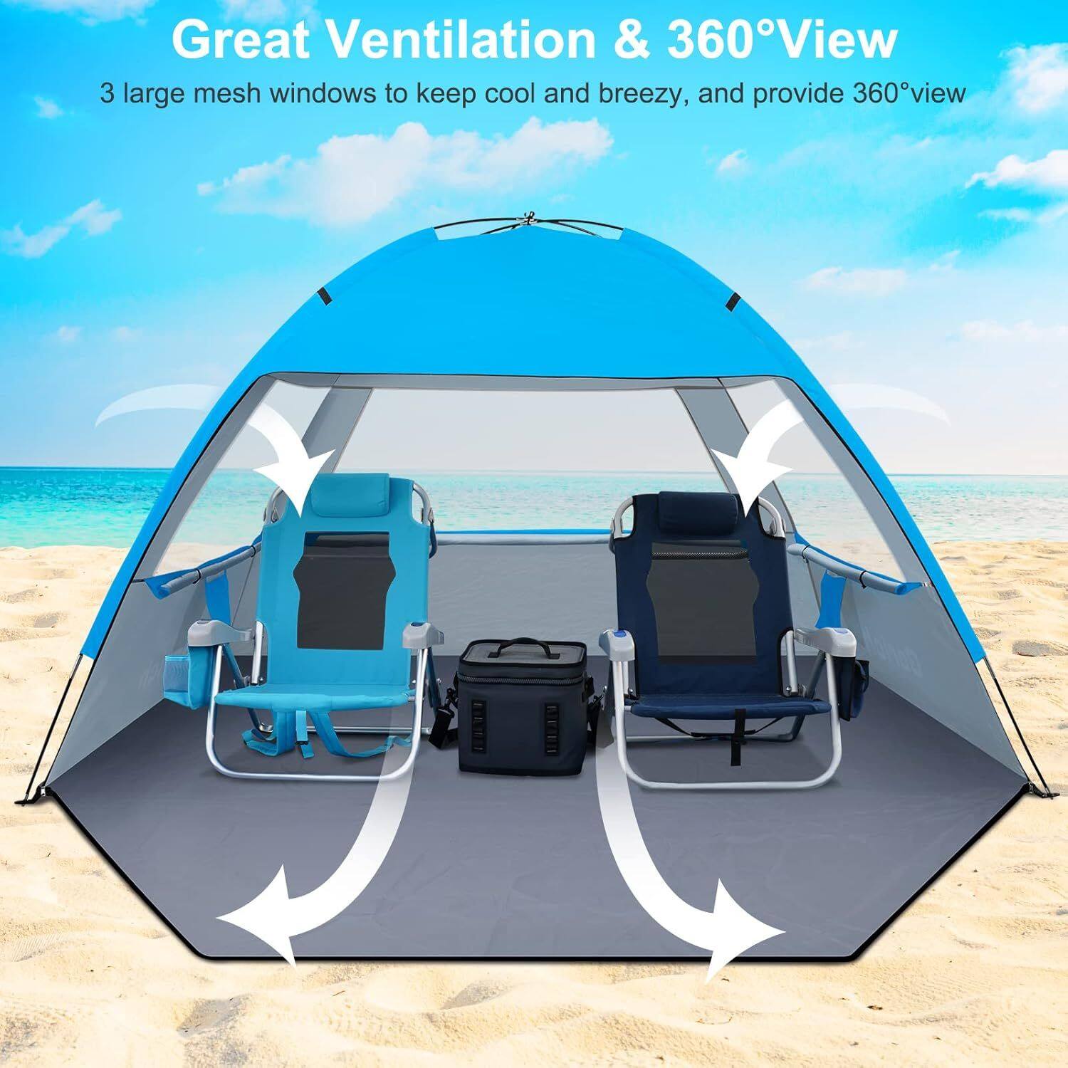 Great Ventilation & 360°View  
3 large mesh windows to keep cool and breezy, and provide 360° view