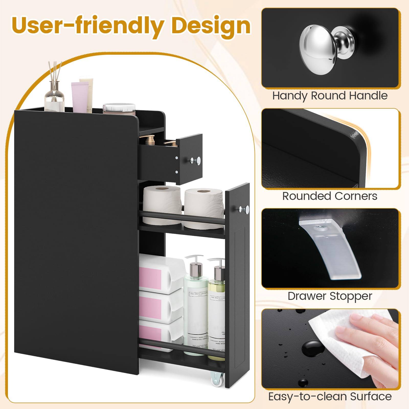 User-friendly Design  
Handy Round Handle  
Rounded Corners  
Drawer Stopper  
Easy-to-clean Surface