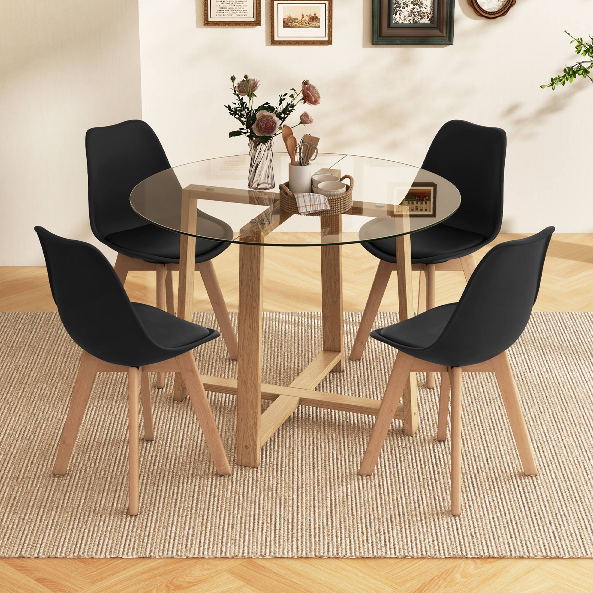 Alt View 1. Gymax - Gymax 5 PCS Dining Table Set for 4 w/ Solid Wood Legs Tempered Glass Tabletop Modern Black - Natural, Black, Transparent.