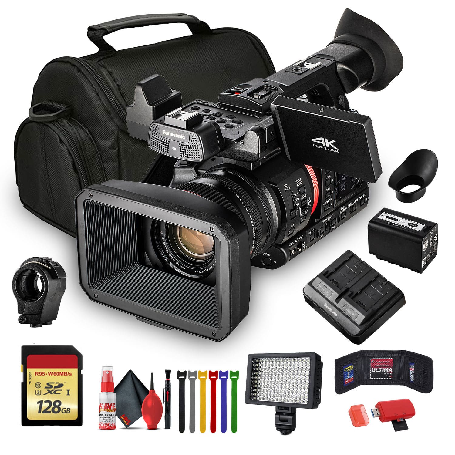Panasonic - AG-CX350 4K Camcorder (AG-CX350) W/Padded Case, 128 GB Memory Card, Wire Straps, LED Light, and More