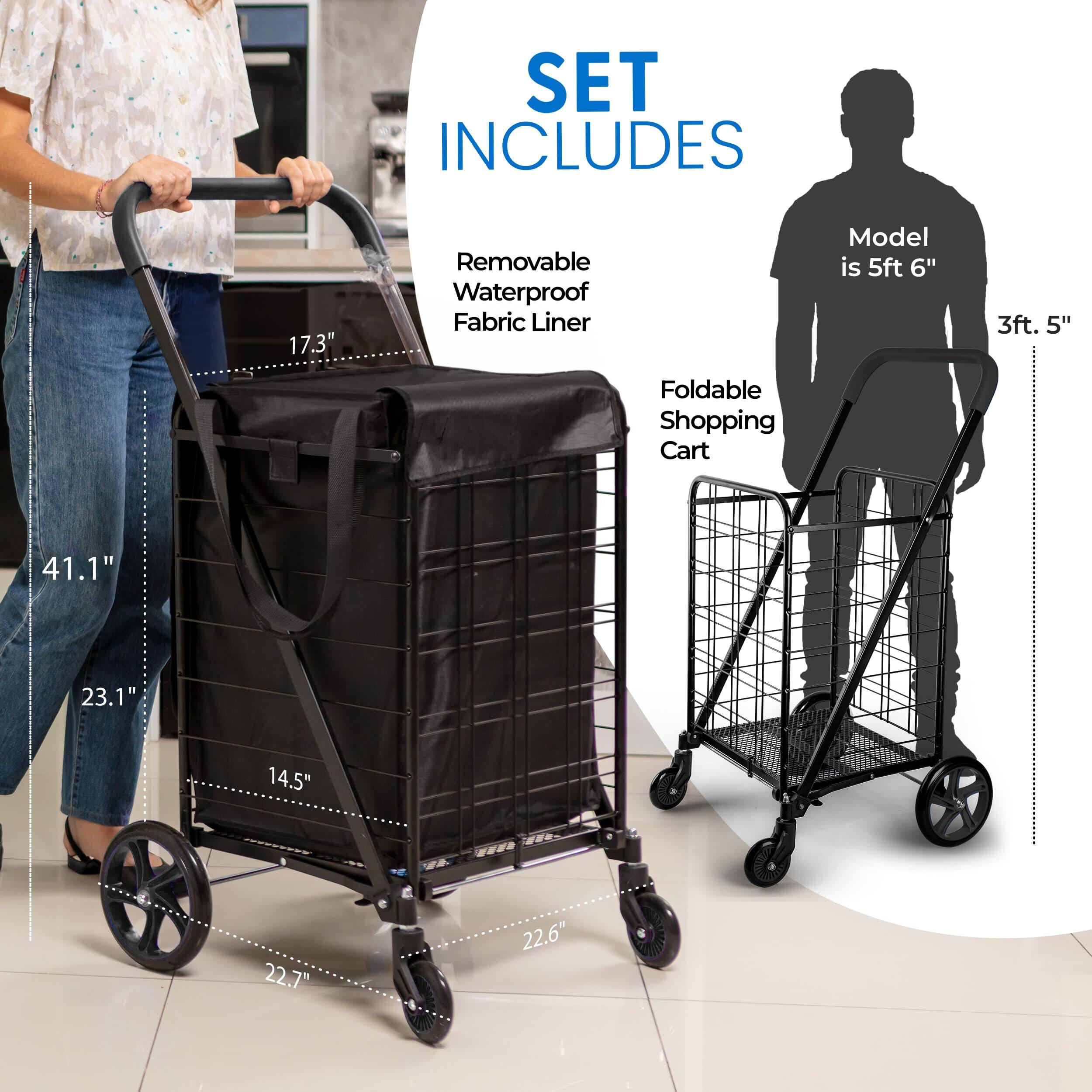 SET INCLUDES

- Removable Waterproof Fabric Liner
- Foldable Shopping Cart

Model is 5ft 6"

Dimensions:
- 17.3"
- 41.1"
- 23.1"
- 14.5"
- 22.7"
- 22.6"
- 3ft. 5"