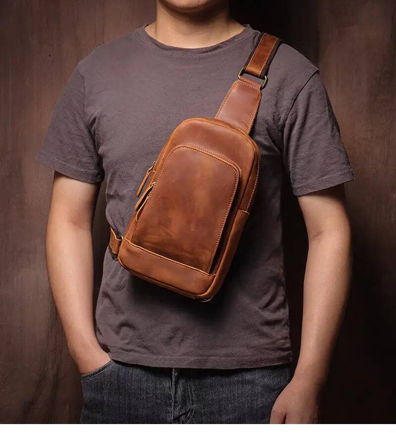 Angle. Steel Horse Leather - Erling Leather Sling Bag | Crossbody Leather Pack - Brown.