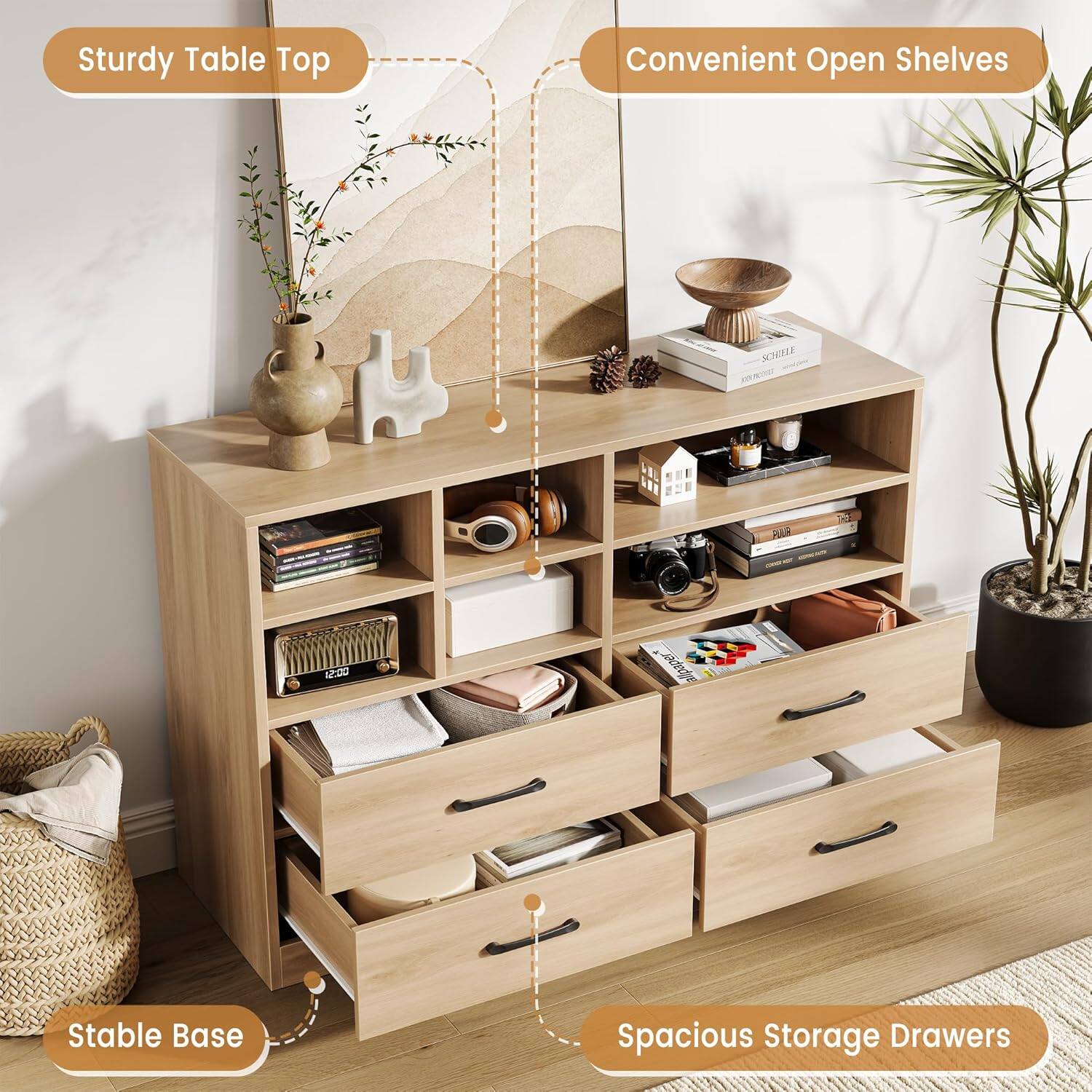 Sturdy Table Top  
Convenient Open Shelves  
Stable Base  
Spacious Storage Drawers