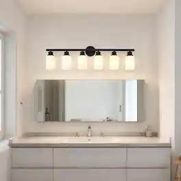 LUCKY ONE - 6-Light Matte Black Wood Wall Lamp, Glass Shade Sconce for Bathroom or Bedroom Wall Mount - Matte Black,Wood