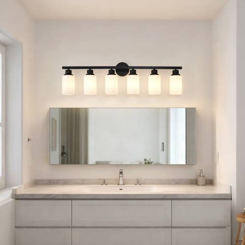 Front. LUCKY ONE - 6-Light Matte Black Wood Wall Lamp, Glass Shade Sconce for Bathroom or Bedroom Wall Mount - Matte Black,Wood.