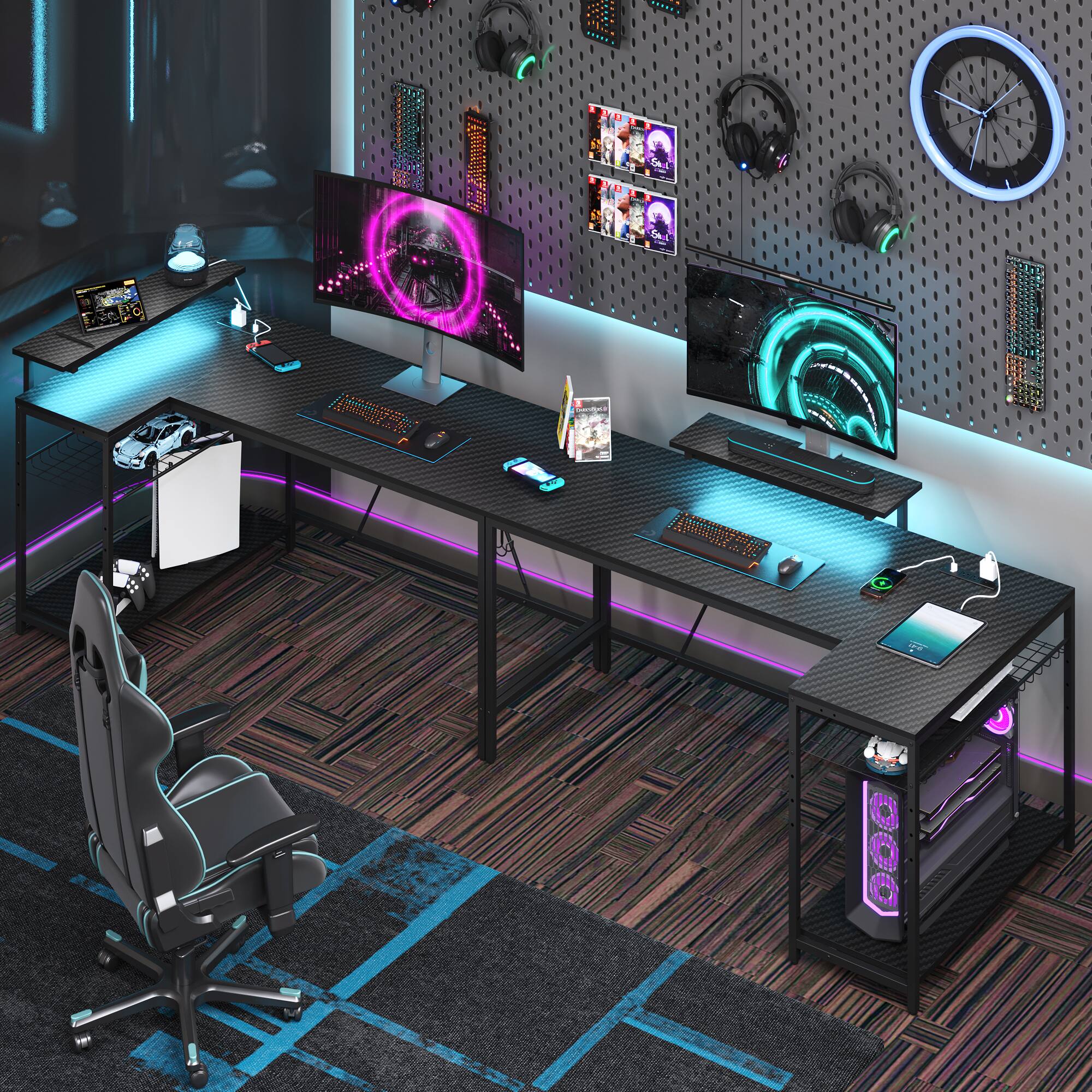 Alt View 16. Bestier - 58inch L-Shaped Gaming Desk with LED Lights with Power Outlet & Monitor Stand Corner - Black Carbon Fiber.