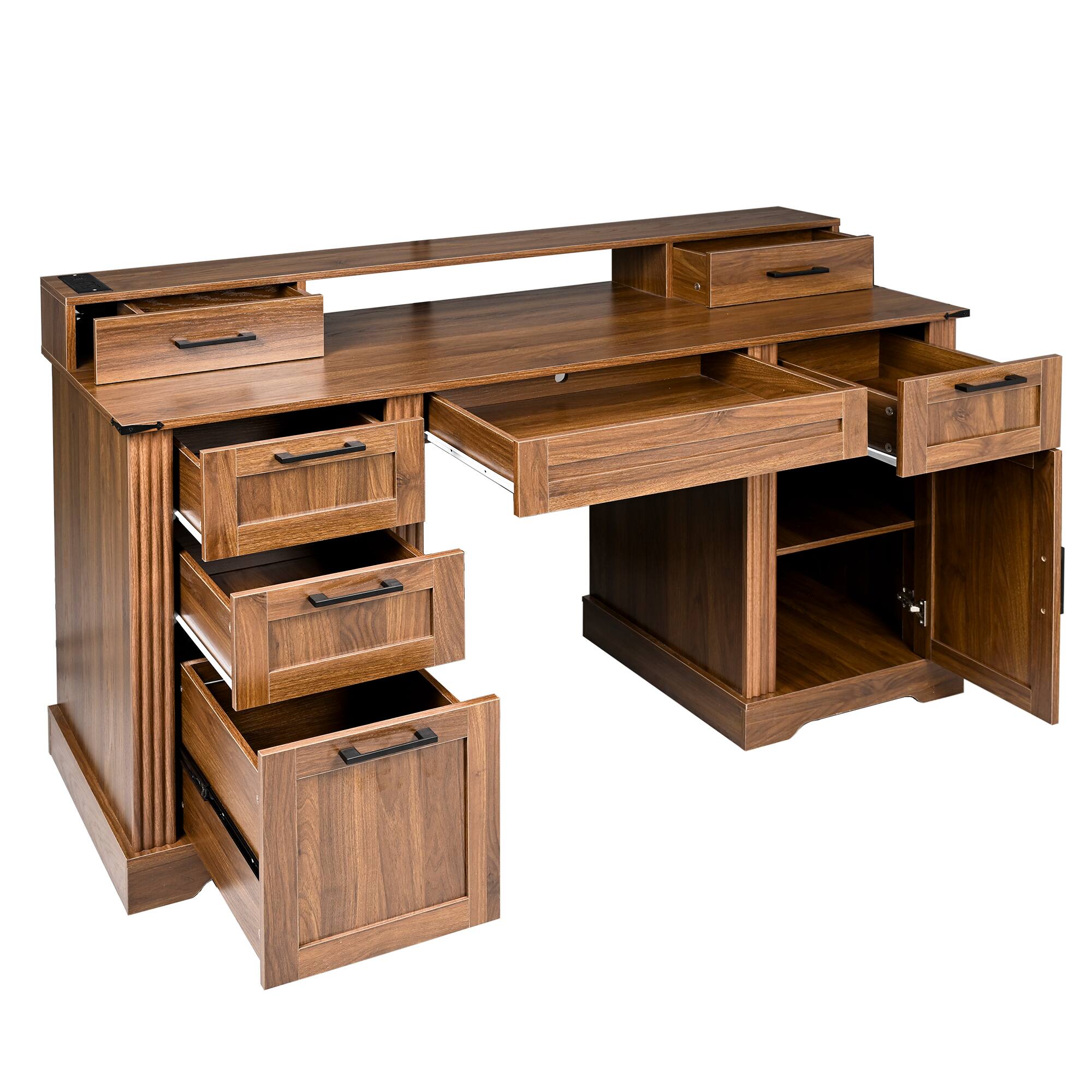 Alt View 4. Boyel Living - 59 Inch Farmhouse Desk with Charging Station and Barn Door Cabinet Dark Walnut - Light Oak.