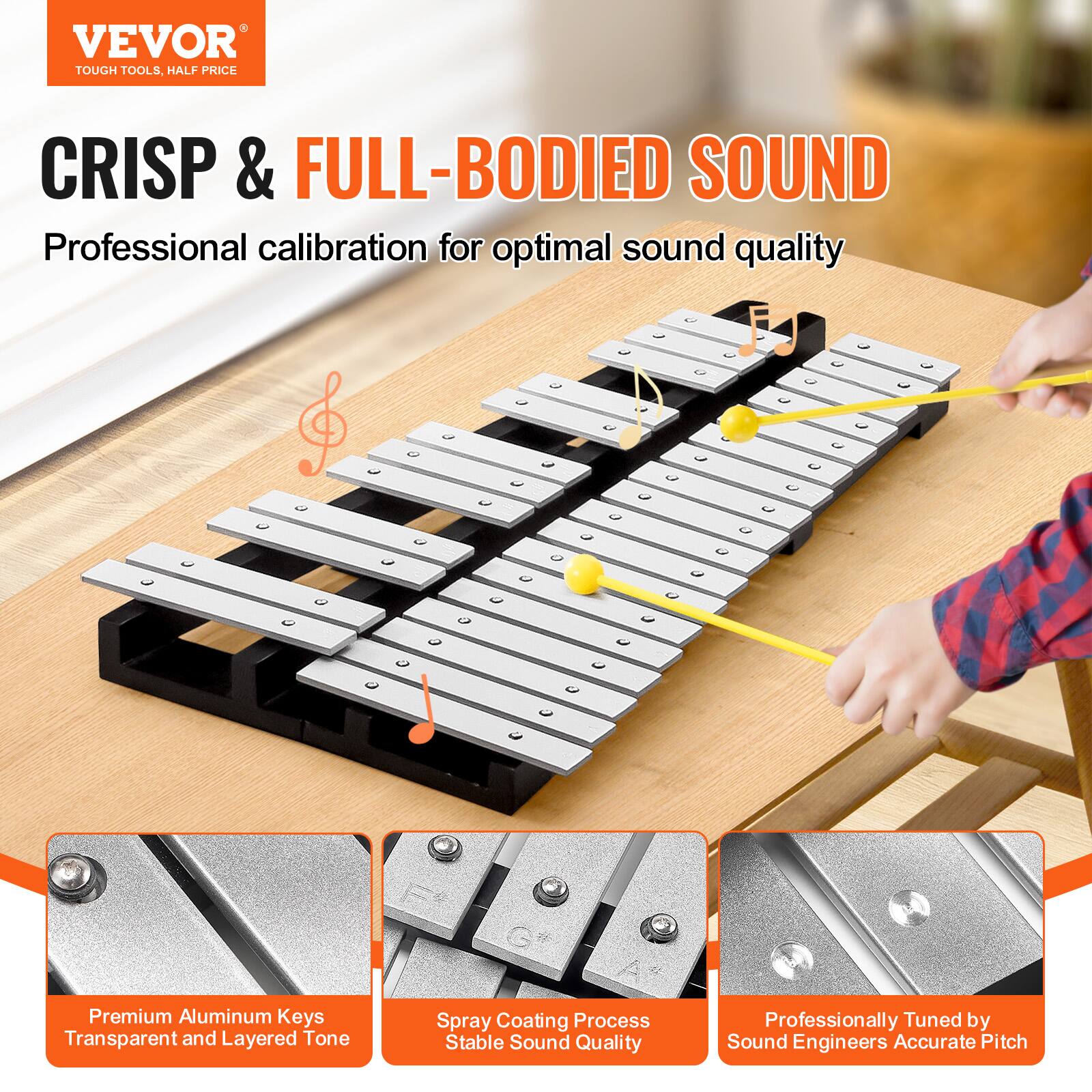 VEVOR  
TOUGH TOOLS, HALF PRICE  

CRISP & FULL-BODIED SOUND  
Professional calibration for optimal sound quality  

- Premium Aluminum Keys  
  Transparent and Layered Tone  

- Spray Coating Process  
  Stable Sound Quality  

- Professionally Tuned by Sound Engineers  
  Accurate Pitch