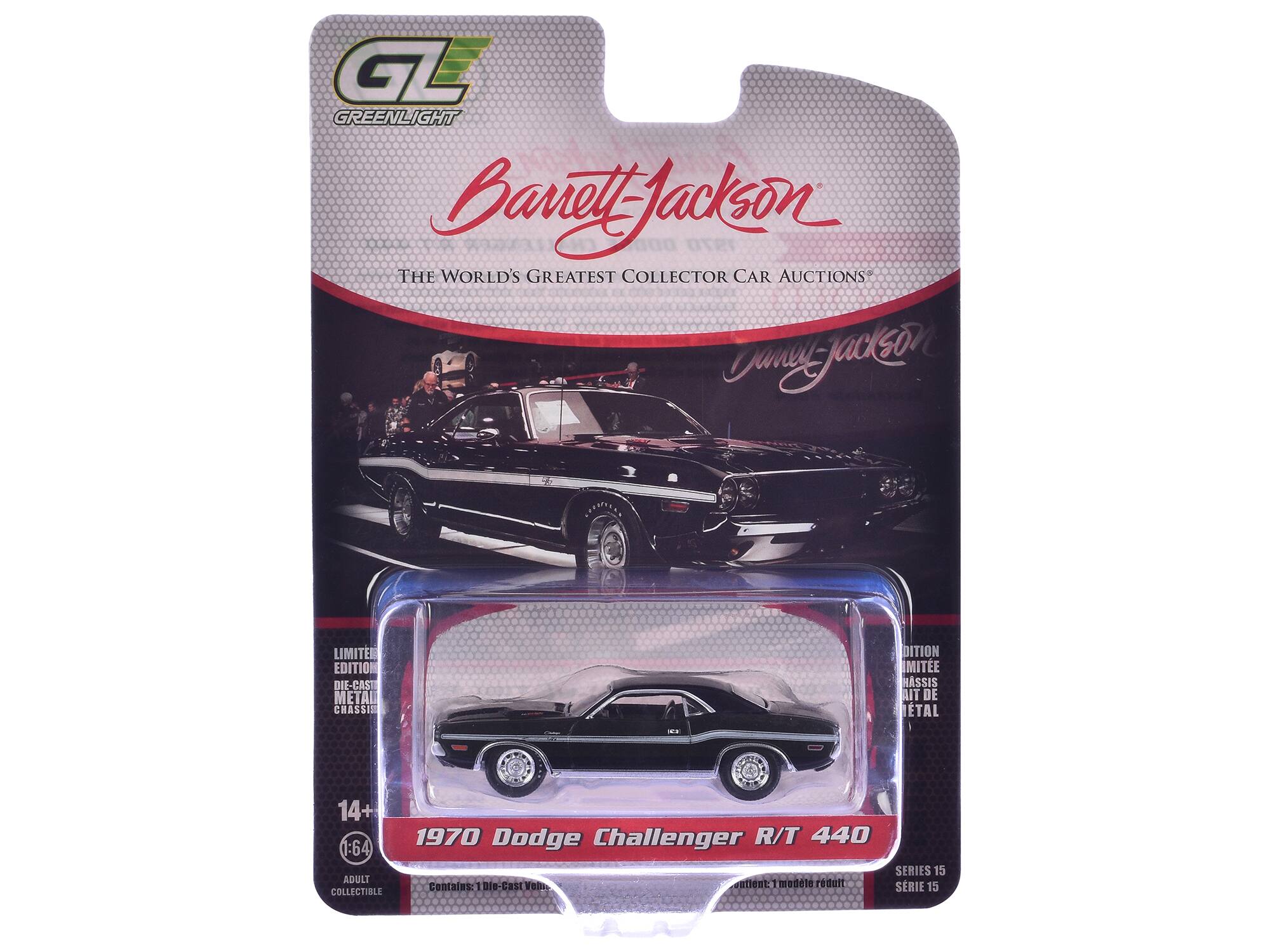 GL GREENLIGHT  
Barrett Jackson  
000  
1970 THE WORLD'S GREATEST COLLECTOR CAR AUCTIONS  
Jamel mujacison  
LIMITED EDITION DIE-CAST METAL CHASSIS  
14+  
1970 Dodge Challenger R/T 440  
1:64 SERIES 15  
ADULT COLLECTIBLE  
Contains: 1 Die-Cast Vehicle