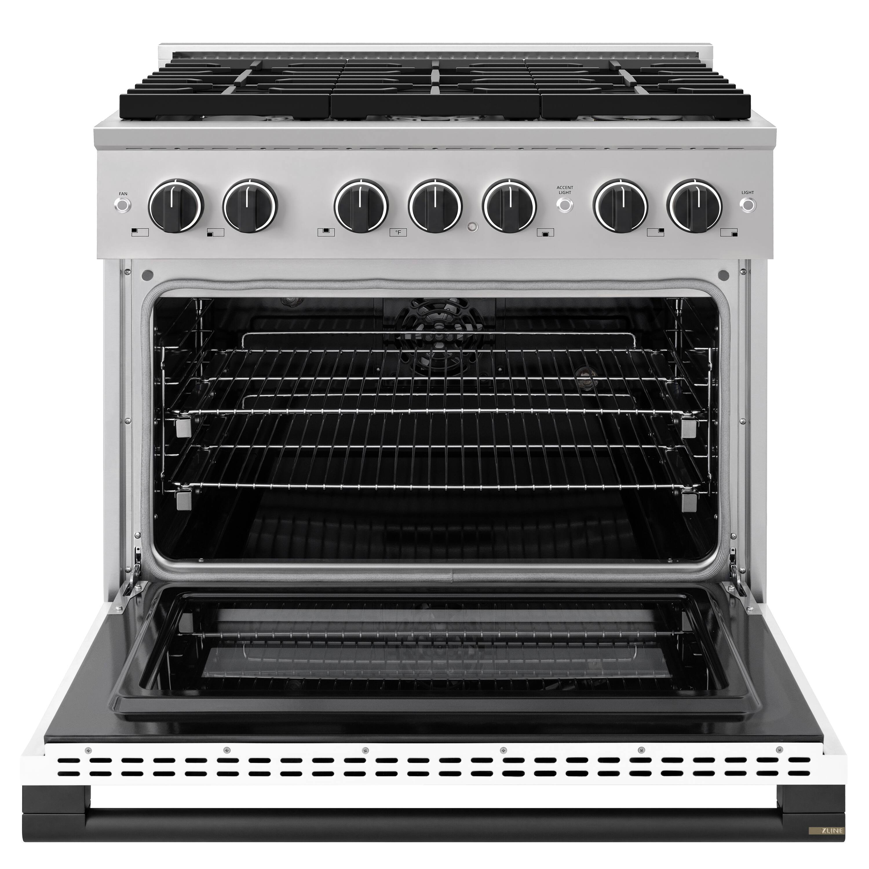 Angle. ZLINE - Autograph 36 in. 5.2 cu. ft. Marino Dual Fuel Freestanding Range with 6 Gas Burner Cooktop with White & Black Accents - White Matte.