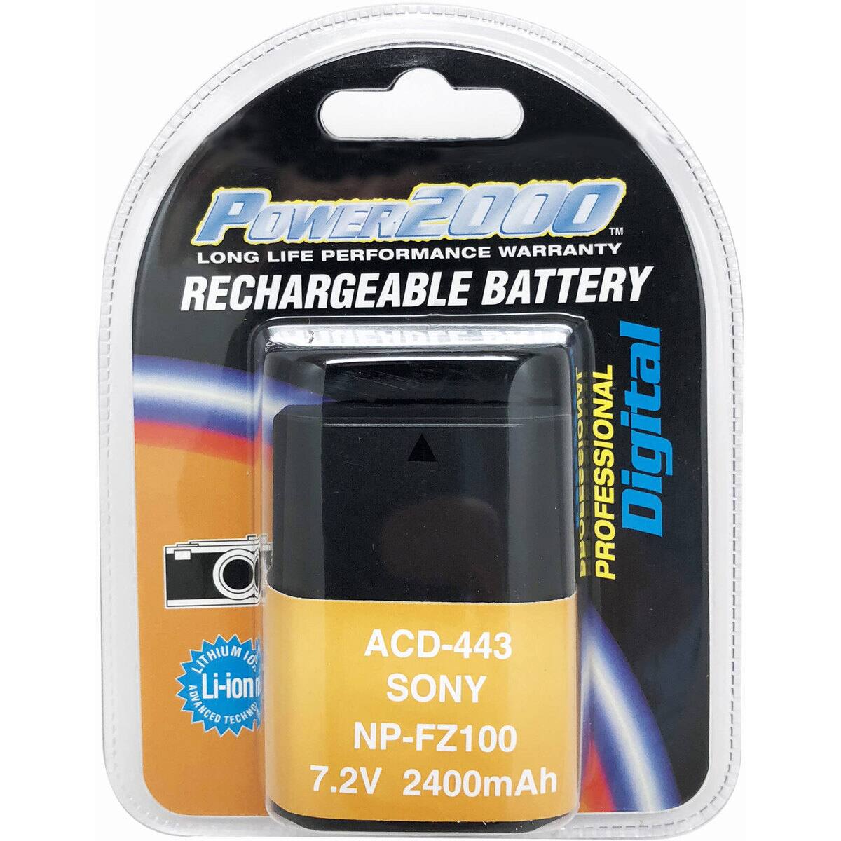 POWER2000™ LONG LIFE PERFORMANCE WARRANTY RECHARGEABLE BATTERY MENDEE DUL PRESIONALL PROFESSIONAL Digital LITHIUM M ACD-443 SONY ADVANCED TECHNO NP-FZ100 7.2V 2400mAh
