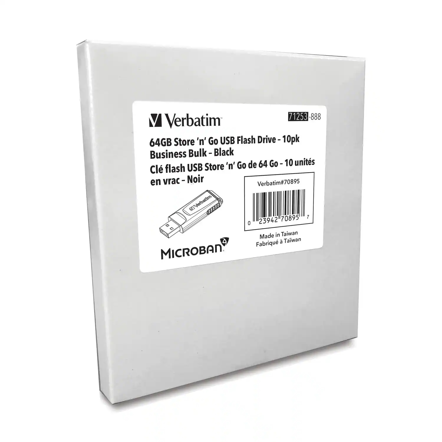 71253-888 Verbatim 64GB Store 'n' Go USB Flash Drive - 10pk Business Bulk - Black - Clé flash USB Store 'n' Go de 64 Go - 10 unités en vrac - Noir Verbatim#70895 Verbatten M HE 70895 1 a 23942 a a Made in Taiwan Fabriqué à Taiwan MICROBAN.