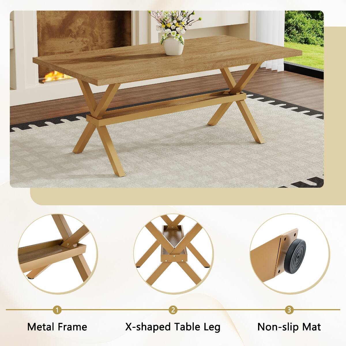 1. Metal Frame
2. X-shaped Table Leg
3. Non-slip Mat