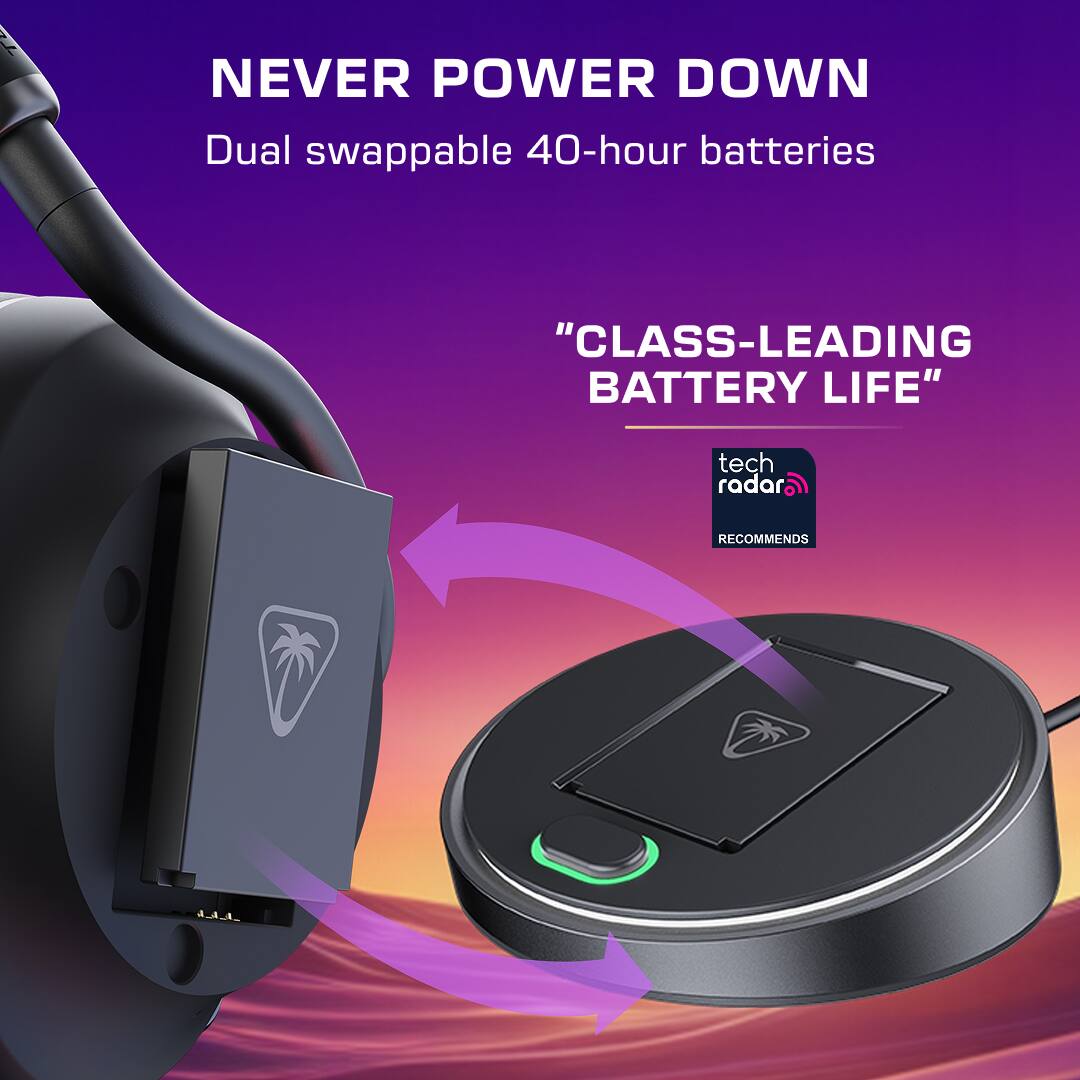 NEVER POWER DOWN  
Dual swappable 40-hour batteries  

"CLASS-LEADING BATTERY LIFE"  

tech radar  
RECOMMENDS