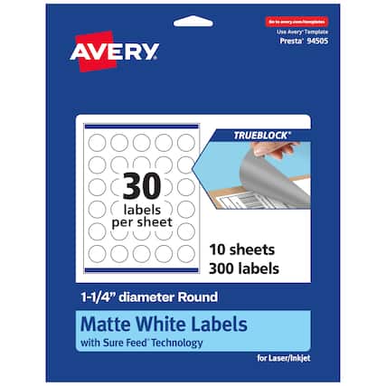 Go to avery.com/templates
AVERY
Use Avery Template Presta* 94505
TRUEBLOCK
30 labels per sheet
10 sheets 300 labels
1-1/4" diameter Round Matte White Labels with Sure Feed Technology for Laser/Inkjet