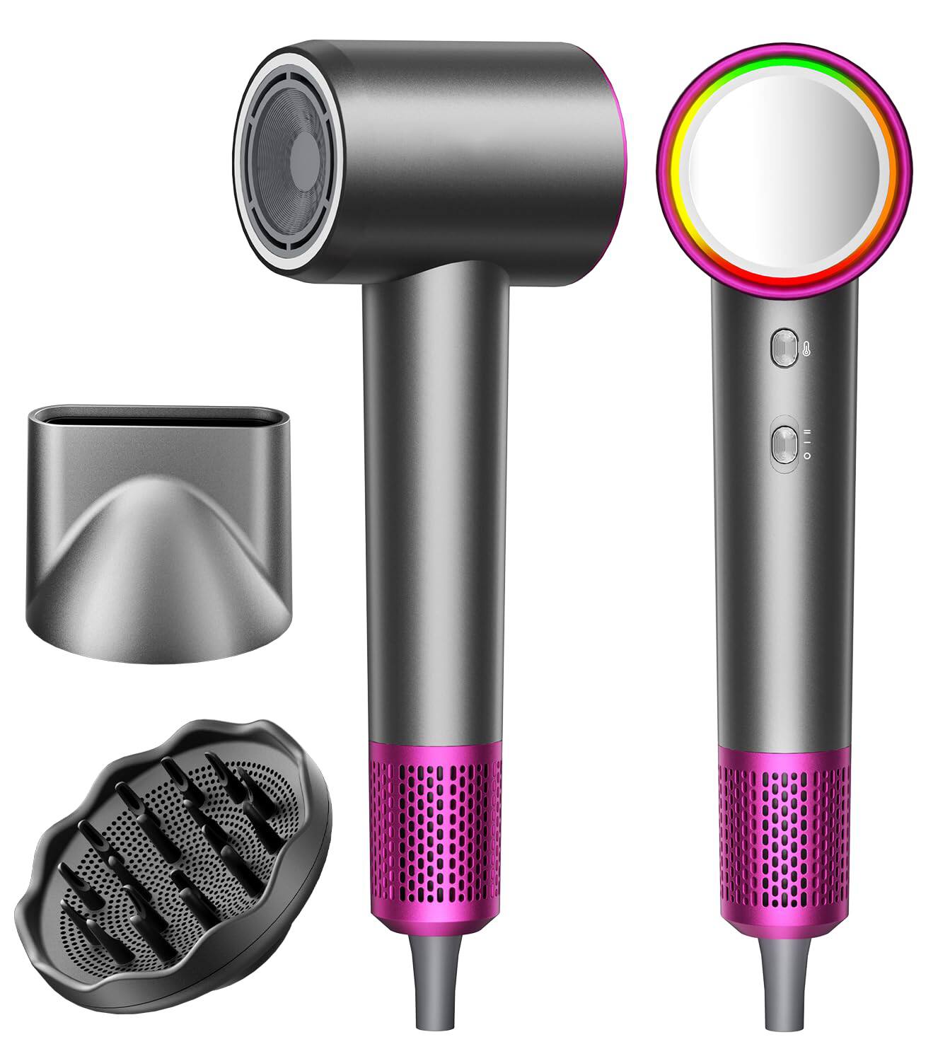 GlowWise - ‌Pro Ionic Dryer‌ – 160K RPM, 500M ions, heat control. Magnetic nozzles included. Quiet, light. Fast drying anywhere - Dark Gray