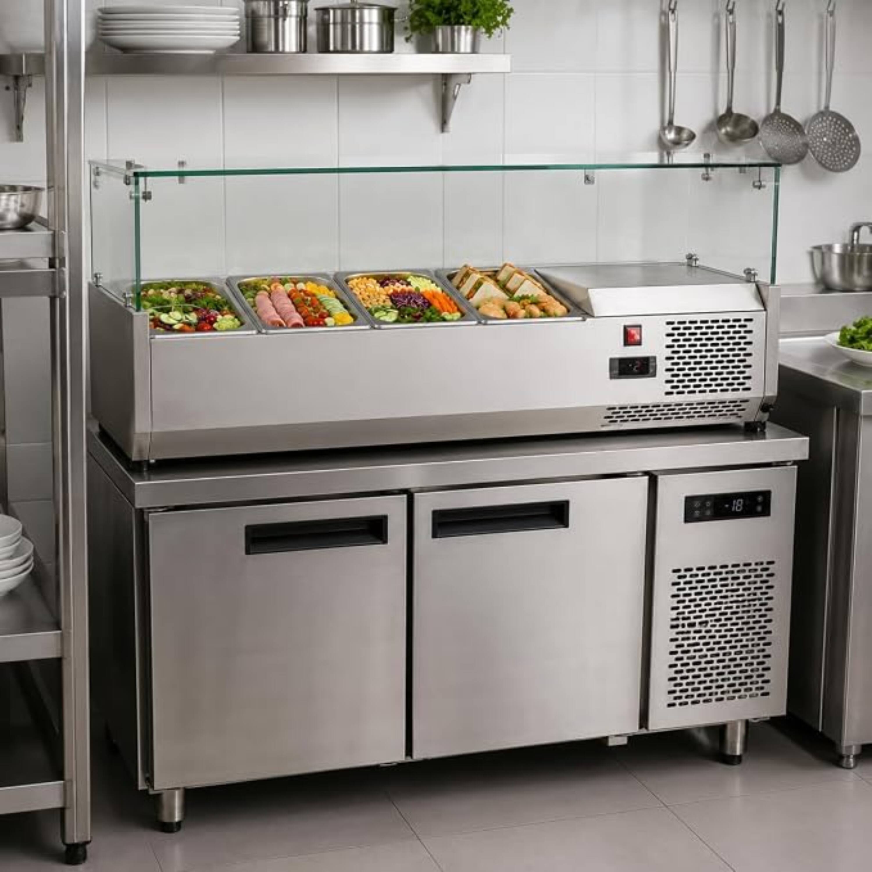 Left. Equator - Equator Vitlife Commercial Refrigerator Condiment Prep Station, Glass Lid, 4 Pan(1/3*3+1/2*1) 33–41°F, 47.2" - Stainless Steel.
