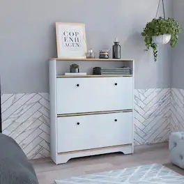 Loheer - light oak and white shoe cabinet with open shelf - Light Oak / White