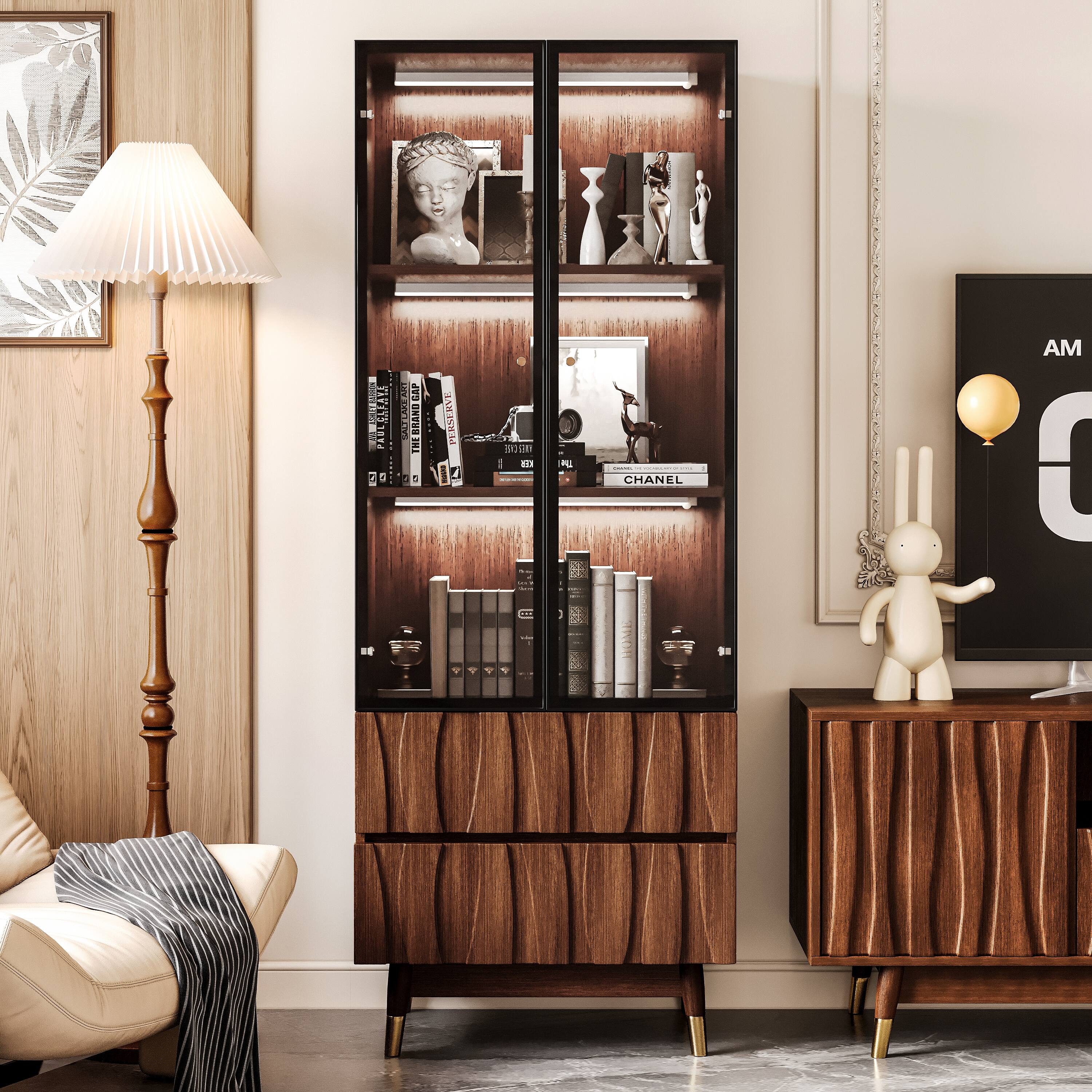 MSOOB - Mid Century Modern Glass Cabinet, Wooden Display Case With Drawers And Lighting For Living Room Dinning Room - Brown