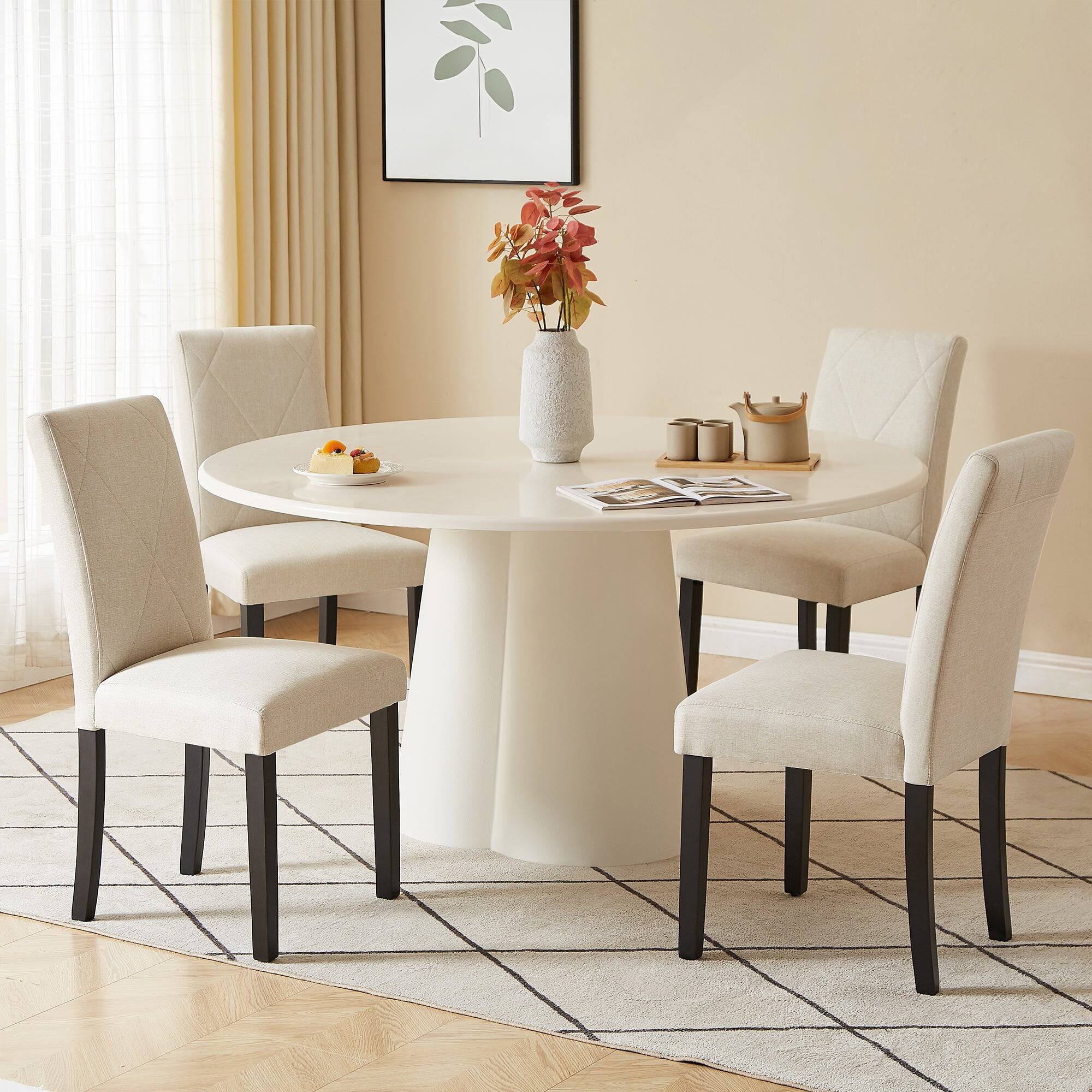 Alt View 2. Vecelo - Set Of 6 Linen Upholstered Dining Chairs with Solid Wood Legs, High Back Ergonomic Kitchen Chairs - Beige.