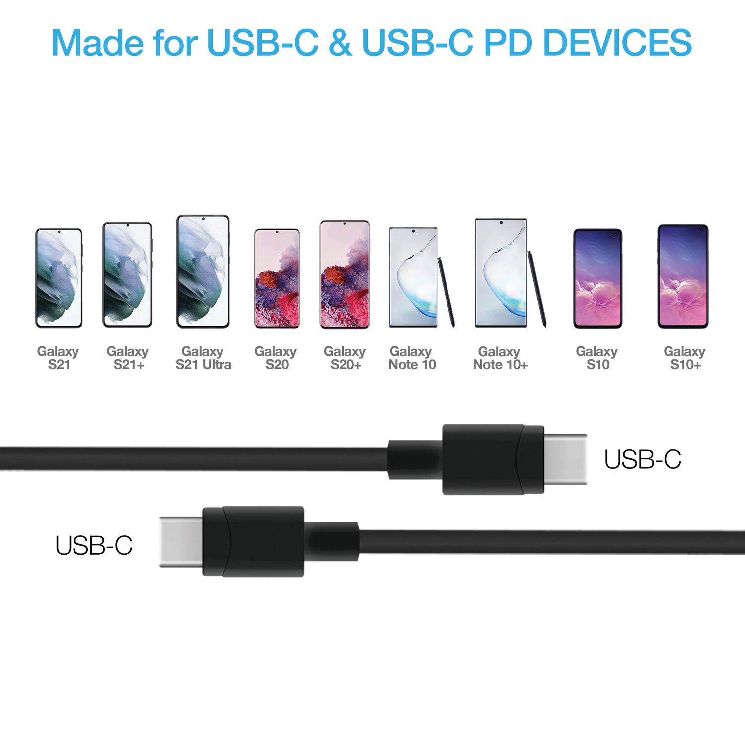 Made for USB-C & USB-C PD DEVICES

- Galaxy S21
- Galaxy S21+
- Galaxy S21 Ultra
- Galaxy S20
- Galaxy S20+
- Galaxy Note 10
- Galaxy Note 10+
- Galaxy S10
- Galaxy S10+

USB-C