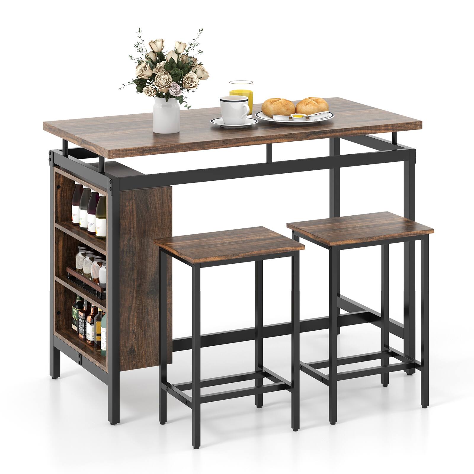 Left. SlickBlue - 3-Piece Kitchen Dining Set with Storage Shelves and Sturdy Metal Frame - Brown, Black.