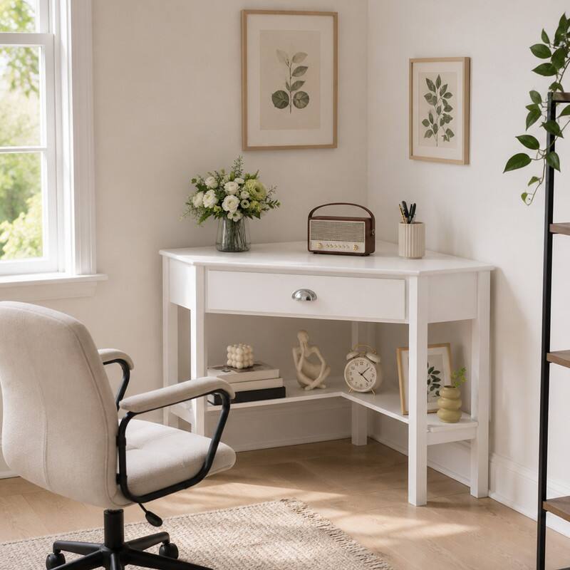 Angle. WELLFOR - Corner Computer Desk with Drawer, Space-Saving Triangle Home Office Desk Study Workstation - White.