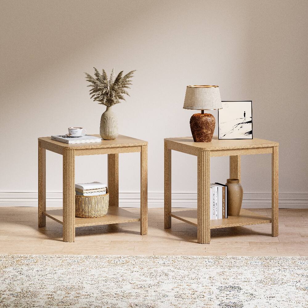 Back. Loheer - Loheer End Tables Set of 2 Square Nightstand Boho Side Table - Oak.