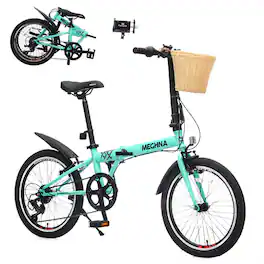 HTUTWOO - 20 " Folding Bike for Adults -6 Speed Steel Frame City Commuter Bicycle with Basket Phone Holder & Fenders,Dual V-Brake - Green