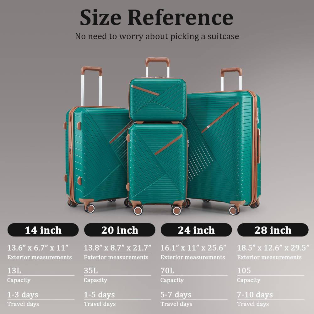 **Size Reference**  
No need to worry about picking a suitcase

- **14 inch**  
  - Exterior measurements: 13.6" x 6.7" x 11"  
  - Capacity: 13L  
  - Travel days: 1-3 days

- **20 inch**  
  - Exterior measurements: 13.8" x 8.7" x 21.7"  
  - Capacity: 35L  
  - Travel days: 1-5 days

- **24 inch**  
  - Exterior measurements: 16.1" x 11" x 25.6"  
  - Capacity: 70L  
  - Travel days: 5-7 days

- **28 inch**  
  - Exterior measurements: 18.5" x 12.6" x 29.5"  
  - Capacity: 105L  
  - Travel days: 7-10 days
