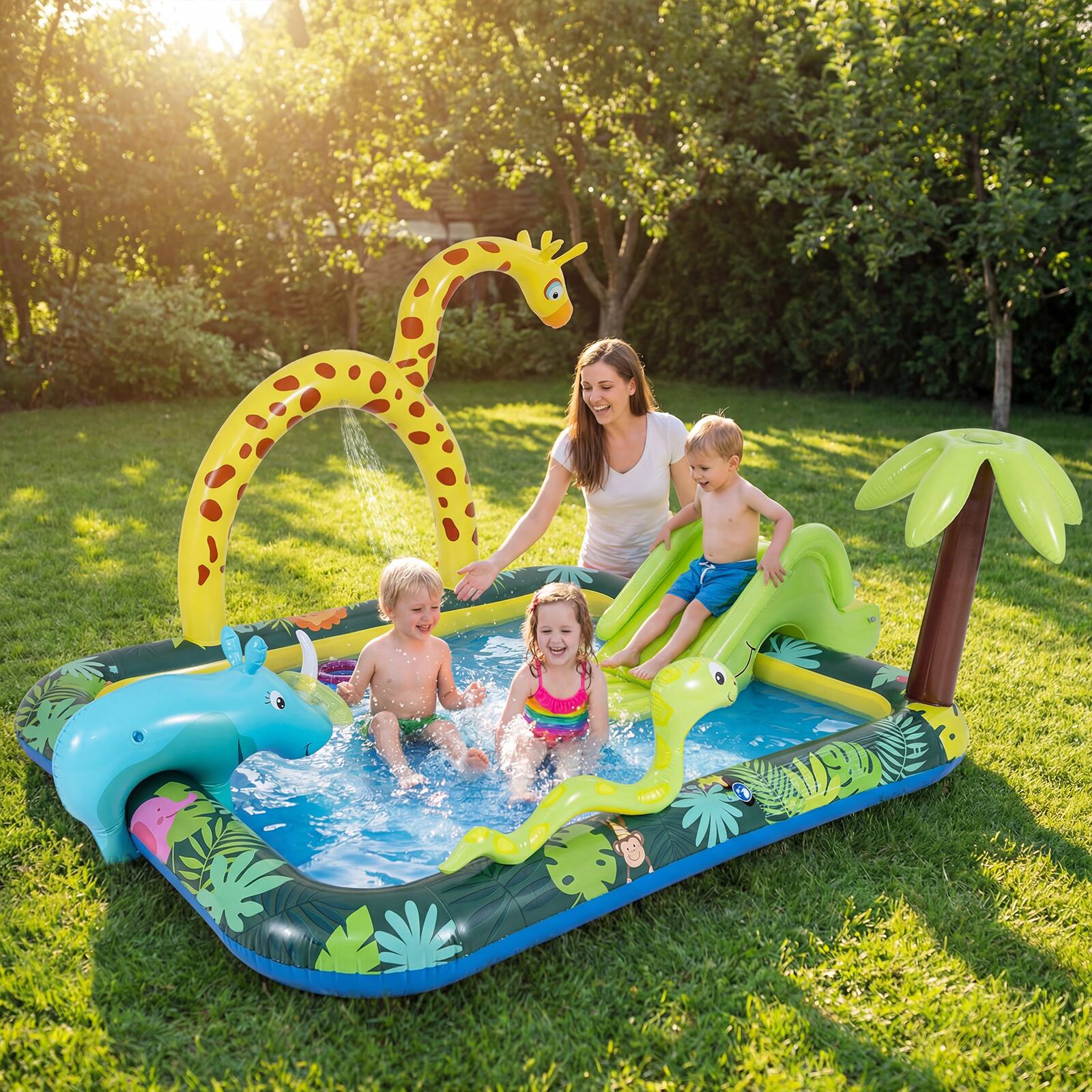 Alt View 3. Costway - Costway Inflatable Play Center with Slide, Giraffe-shaped Sprinkle for Backyard, Garden - Multi-color.