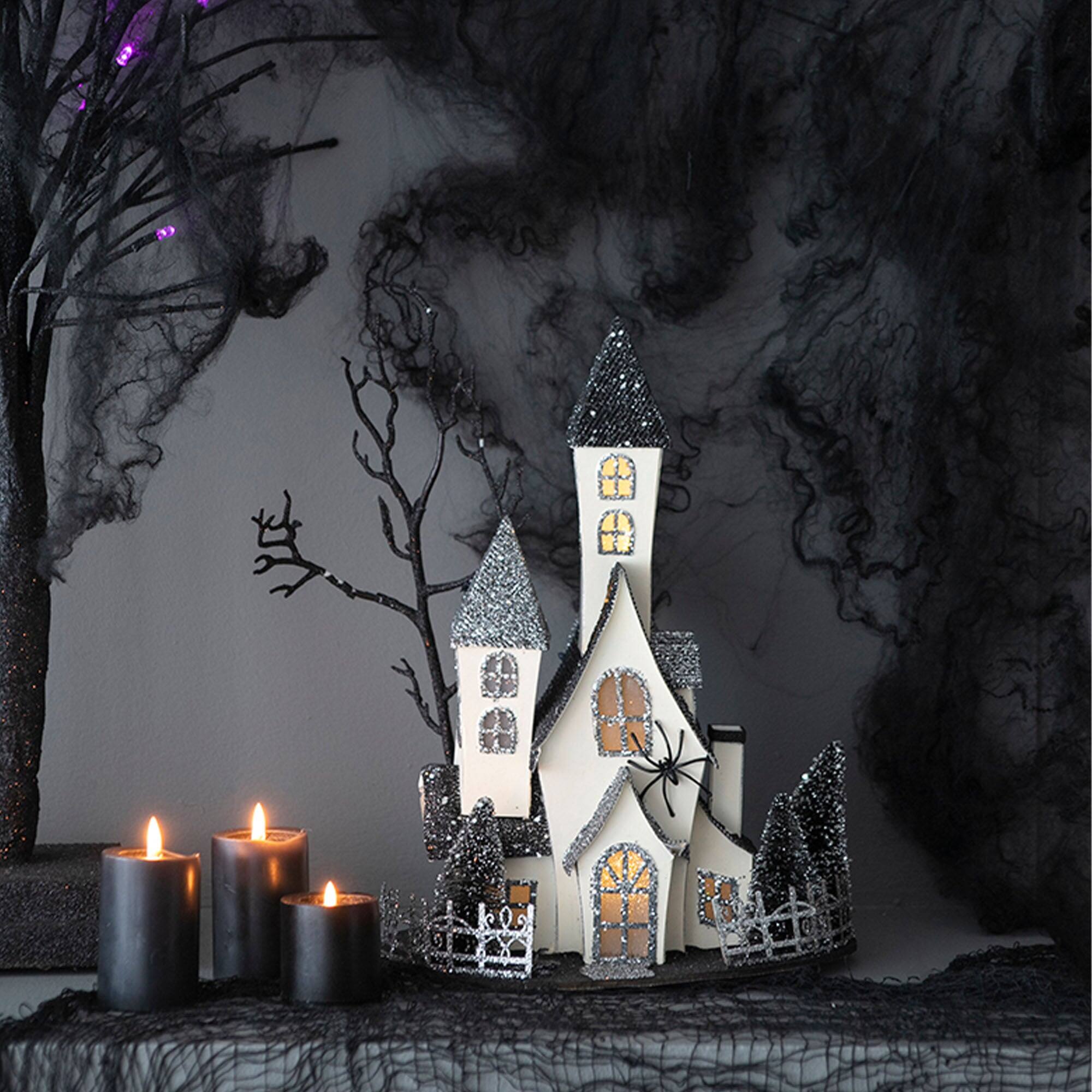 Alt View 2. Boyel Living - Battery Powered Cardboard Haunted House Black Beige Tabletop Holiday Halloween Decor with Warm LED Lights - Beige+Black.