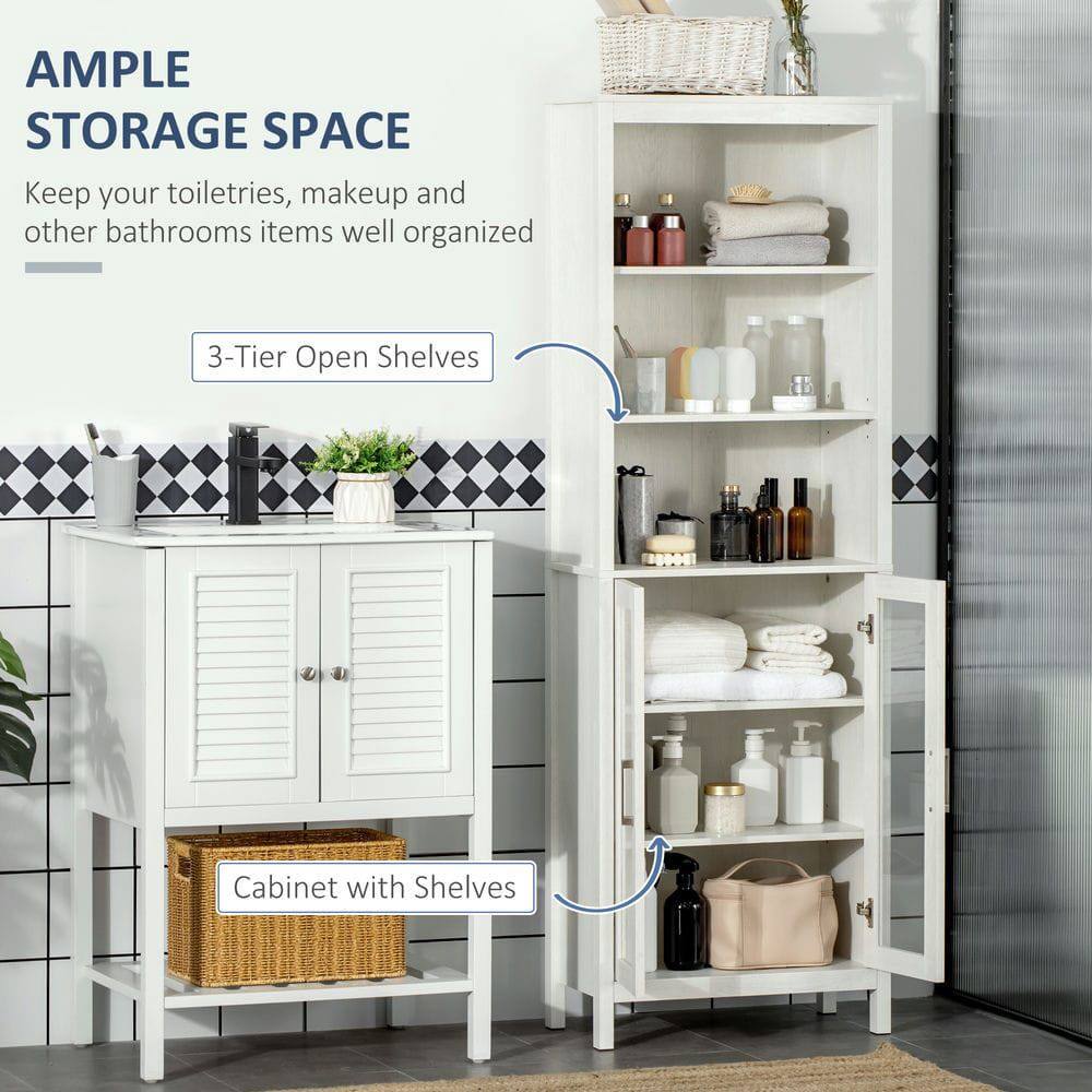 **AMPLE STORAGE SPACE**

Keep your toiletries, makeup, and other bathroom items well organized.

- **3-Tier Open Shelves**
- **Cabinet with Shelves**