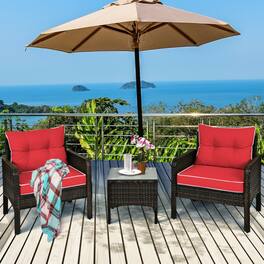Mondawe - 3 Piece Outdoor Patio Rattan Conversation Set with Seat Cushions for Garden - Red