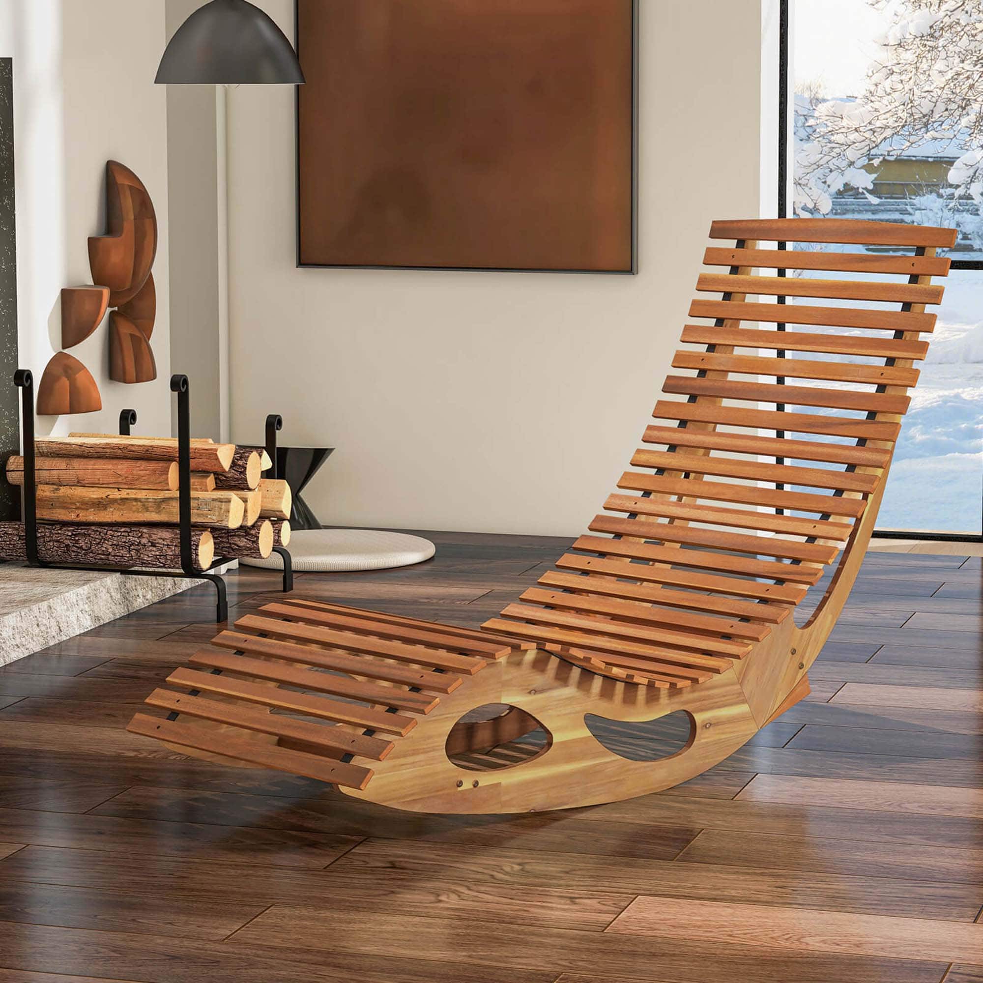 Costway - Outdoor Chaise Lounge with High Back Slatted Seat Stopper Outside Wood Rocker - Brown