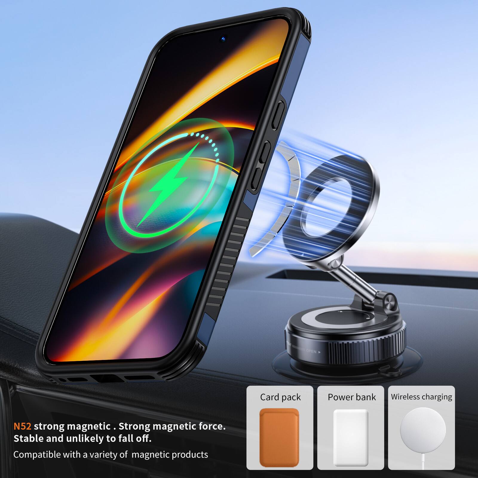 OPEN

Card pack  
Power bank  
Wireless charging  

N52 strong magnetic. Strong magnetic force. Stable and unlikely to fall off. Compatible with a variety of magnetic products