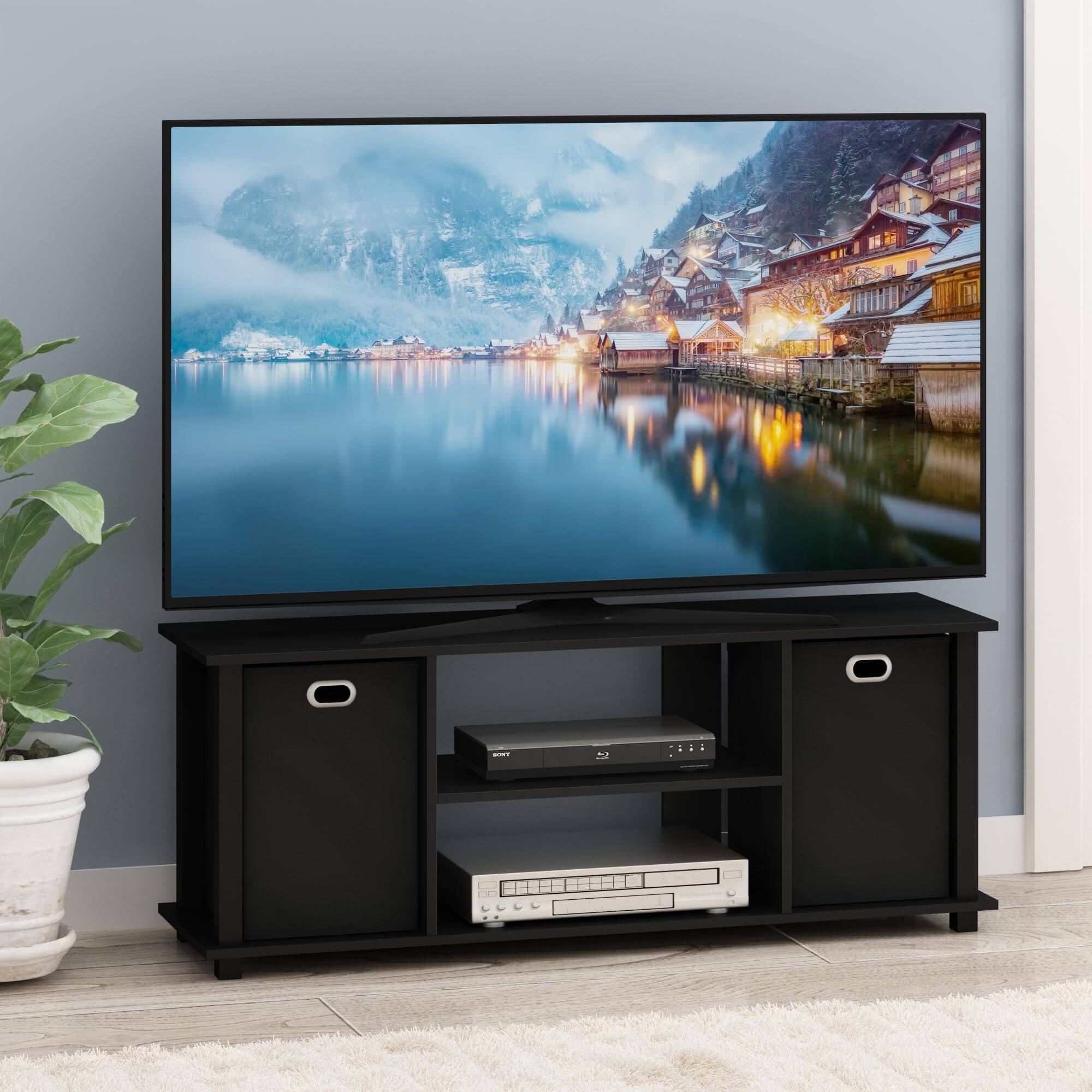 Back. Hirose Alice - Econ Entertainment Center Black/black Simple stylish design, Functional and suitable for any room; style: mode... - French Oak Grey/Black/Black-42 Inch with Bin.
