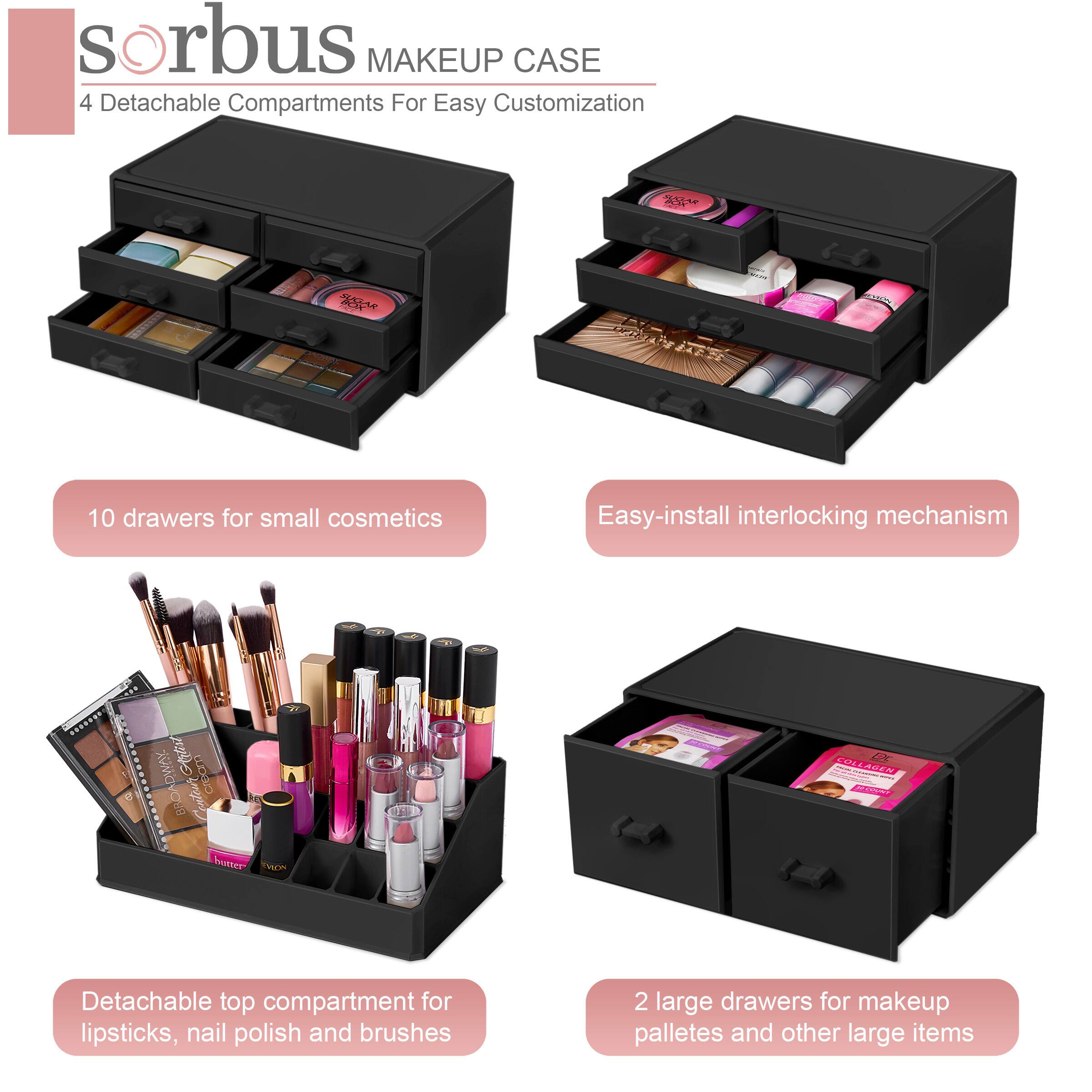 sorbUS MAKEUP CASE  
4 Detachable Compartments For Easy Customization  

10 drawers for small cosmetics  

Easy-install interlocking mechanism  

Detachable top compartment for lipsticks, nail polish and brushes  

2 large drawers for makeup palettes and other large items