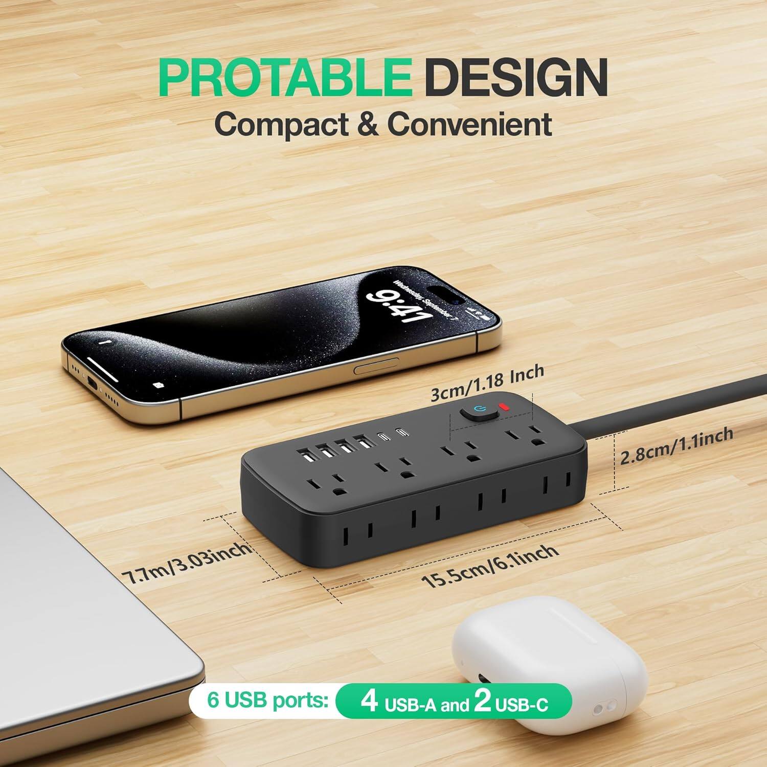 **Portable Design**  
Compact & Convenient  

- 9.41 Inch  
- 3cm/1.18 Inch  
- 2.8cm/1.1 Inch  
- 7.7m/3.03 Inch  
- 15.5cm/6.1 Inch  

6 USB ports:  
- 4 USB-A  
- 2 USB-C