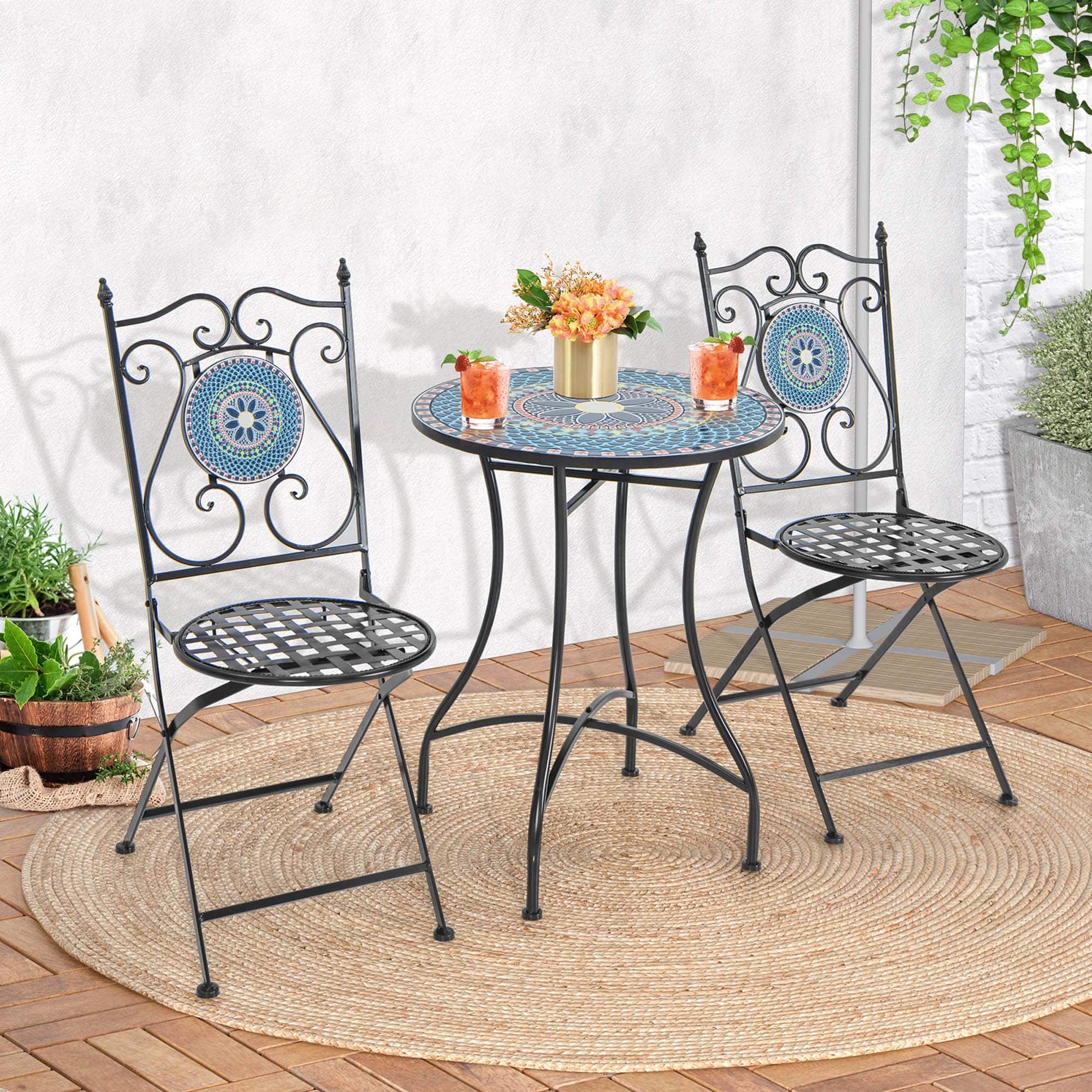 Angle. Costway - Set of 2 Mosaic Chairs for Patio with Decorative Backrest Heavy-Duty Frame - Black.