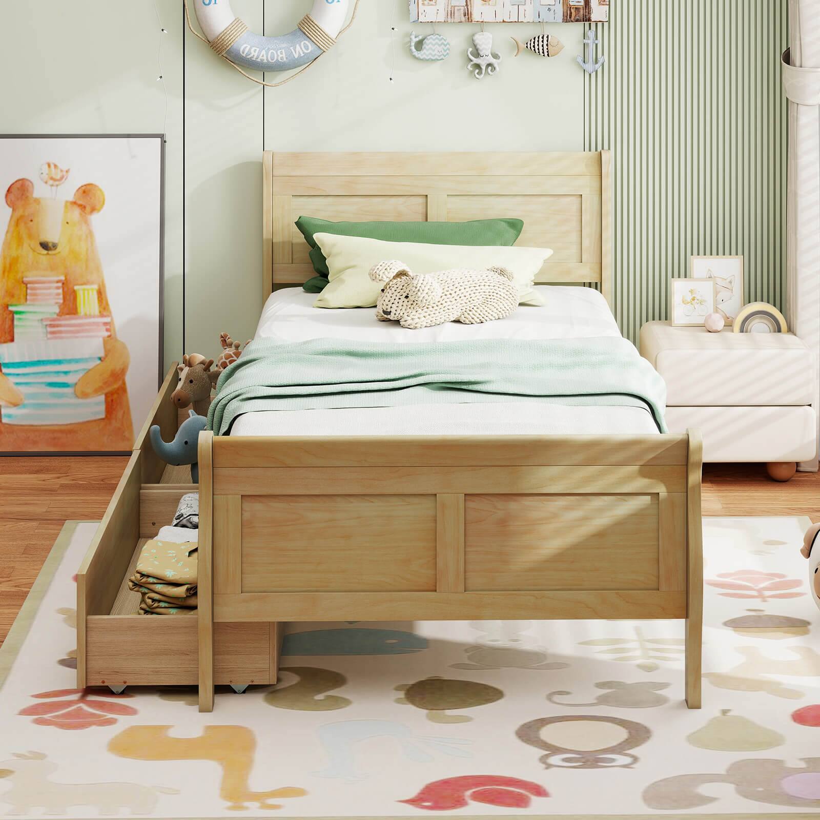 Alt View 3. Costway - Costway Twin Size Bed Frame with 2 Storage Drawers Wood Platform Bed with Headboard - Beige.