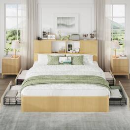 LUCKY ONE - King Size Bed Frame with 4 Storage Drawers, 2-Tier Storage Headboard, USB Charging, Metal Slats, No Box Spring Needed - Oak