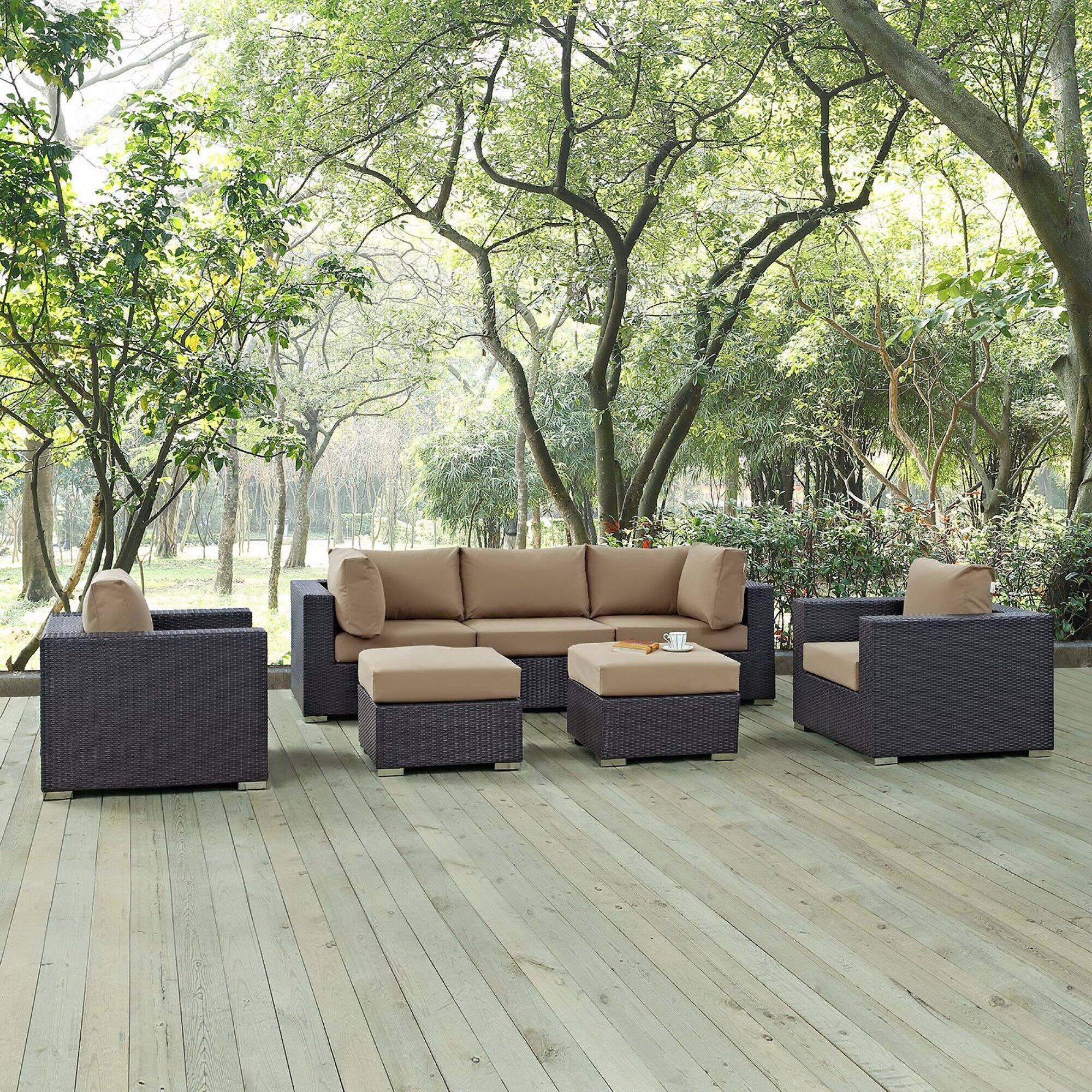 Alt View 4. Modway - Convene 7-Piece Outdoor Patio Sectional Set - Powder-Coated Aluminum Frame, Cushioned Seats, No Assembly Required - Espresso Mocha.