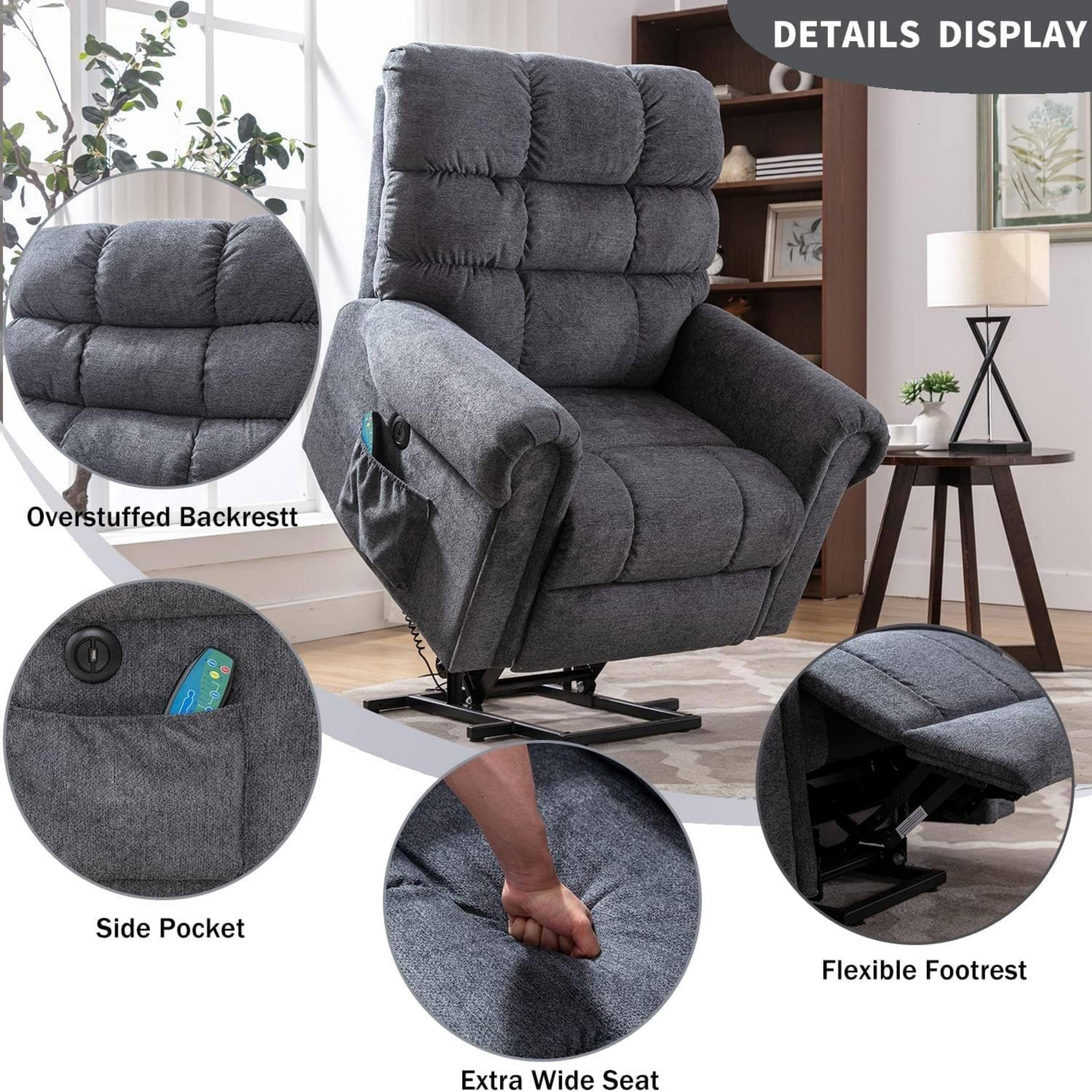 DETAILS DISPLAY: Overstuffed Backrest, Side Pocket, Flexible Footrest, Extra Wide Seat