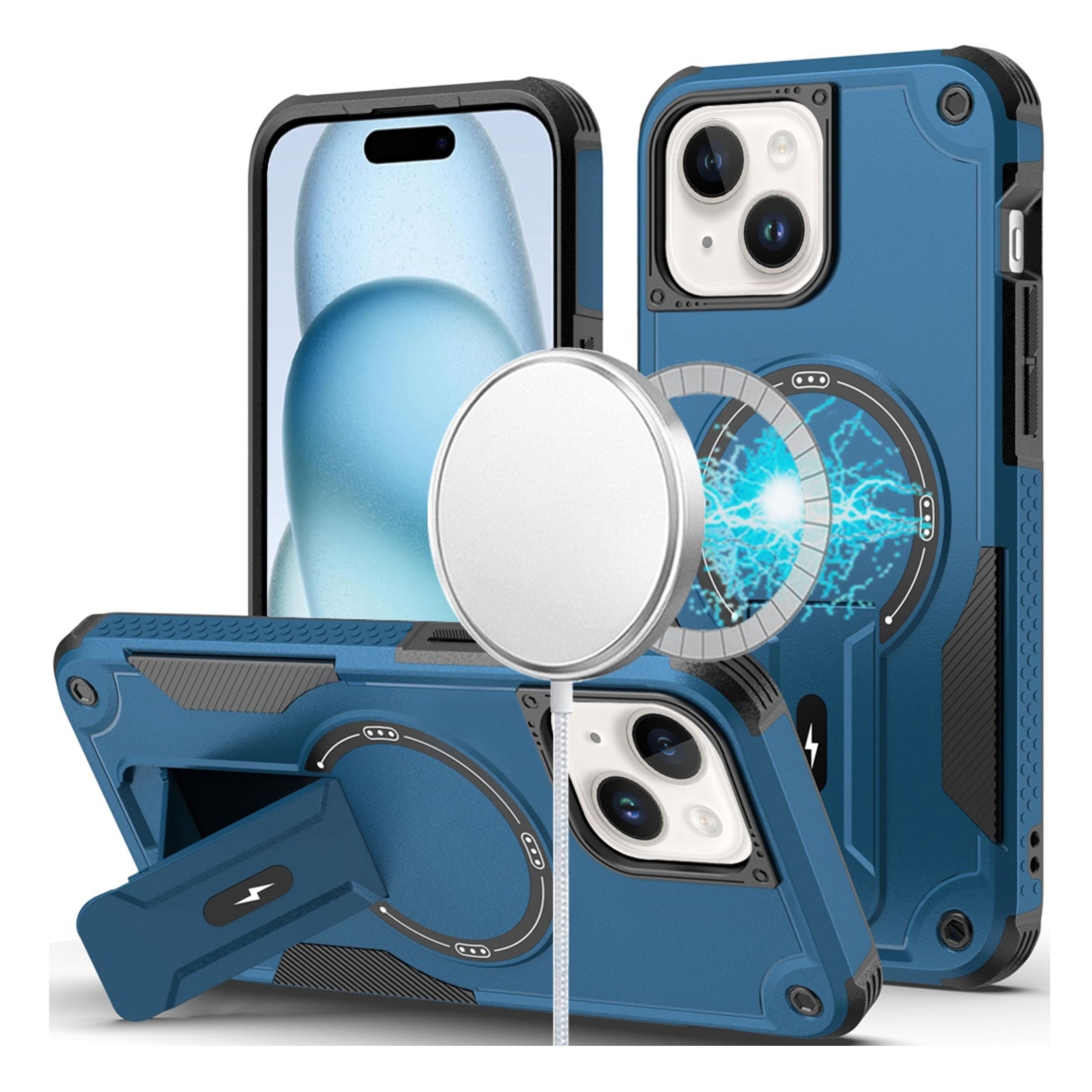 Kitcheniva - Magnetic Circle Rugged Grip Kickstand Phone Case With 2 Pcs Tempered Glass For iPhone 15 Plus - Blue price history on PriceWatchPro